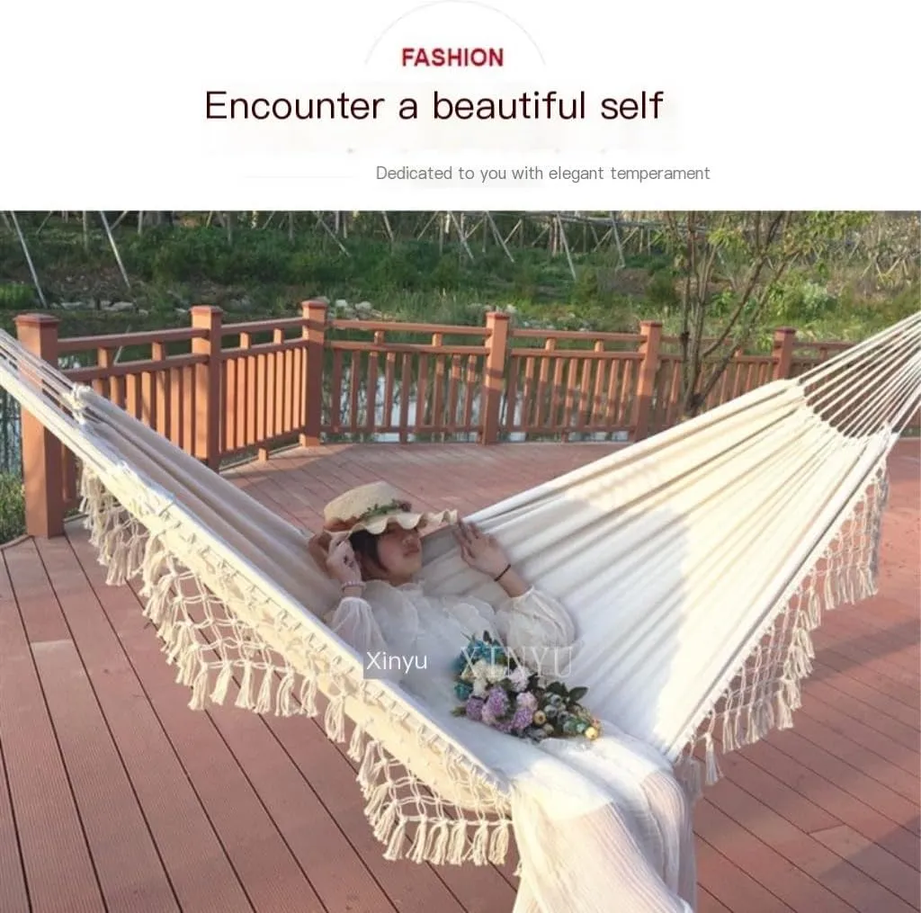 Hammocks Double Enlarged Canvas Swing Indoor and Outdoor Camping Hanging Chair Photography Retro Tassel Hammock Camping Hammocks(Black)