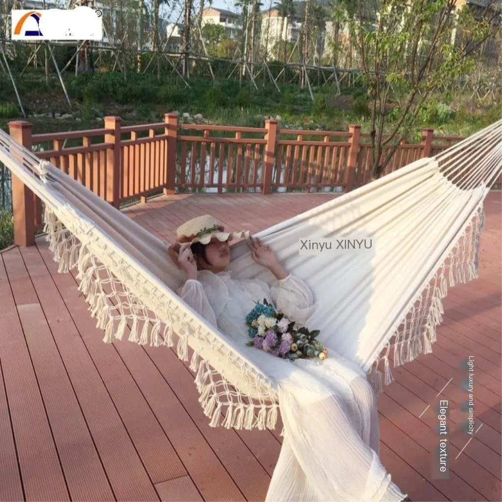 Hammocks Double Enlarged Canvas Swing Indoor and Outdoor Camping Hanging Chair Photography Retro Tassel Hammock Camping Hammocks(Black)