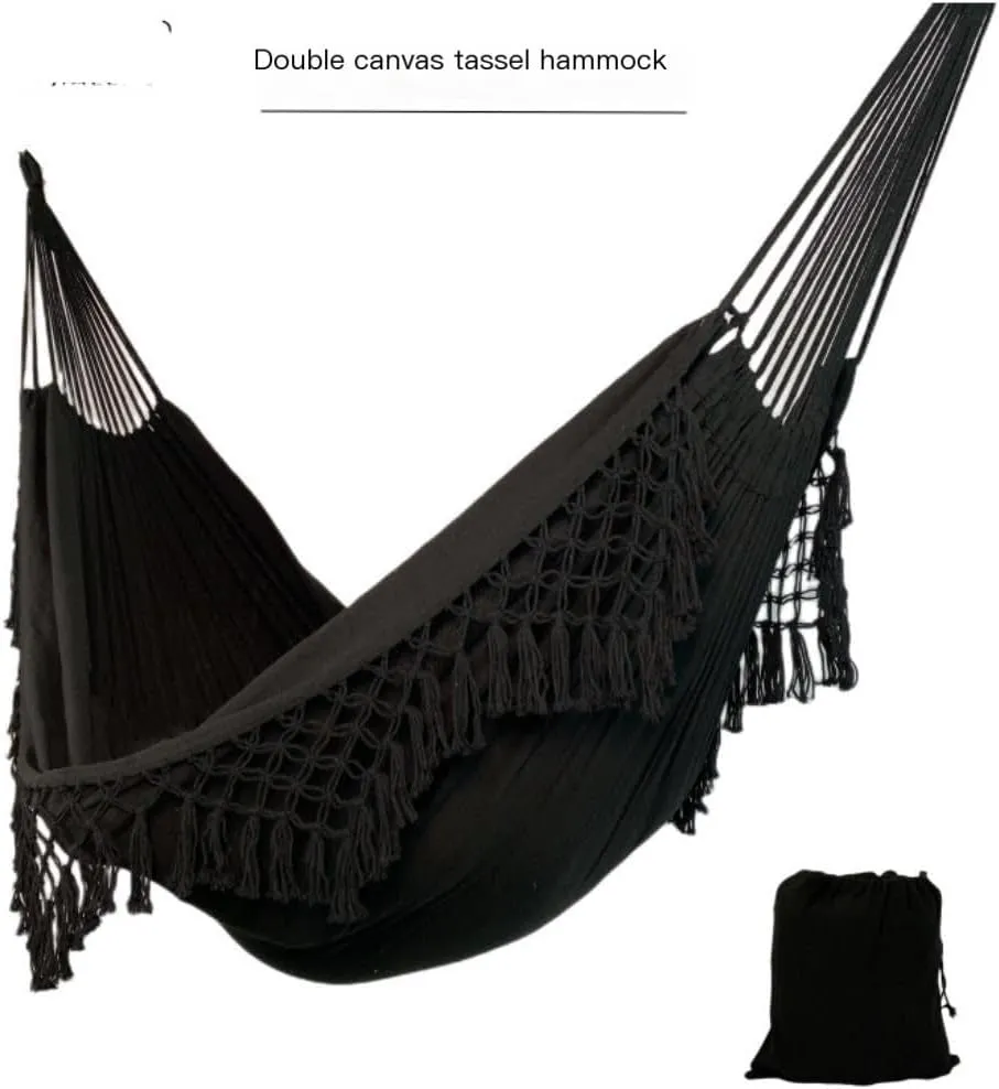 Hammocks Double Enlarged Canvas Swing Indoor and Outdoor Camping Hanging Chair Photography Retro Tassel Hammock Camping Hammocks(Black)