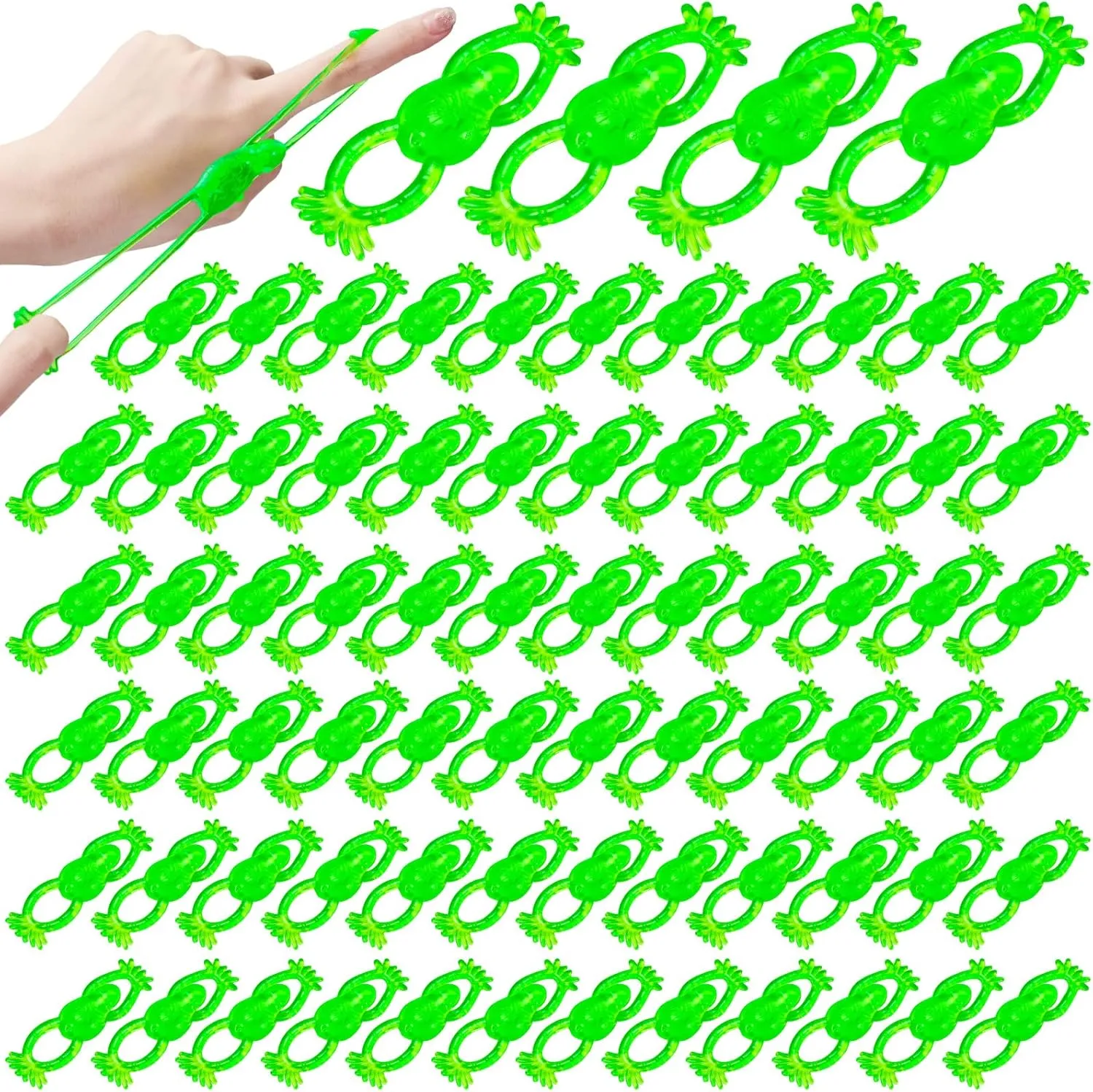 Hanaive 100 Pcs Flying Slingshot Frogs Toys Passover Day Toys Stretchy Slingshot Fun Shooting Flying Green Frogs Playthings Sticky Playthings for Party Favors Birthday Classroom Exchange Prizes Game