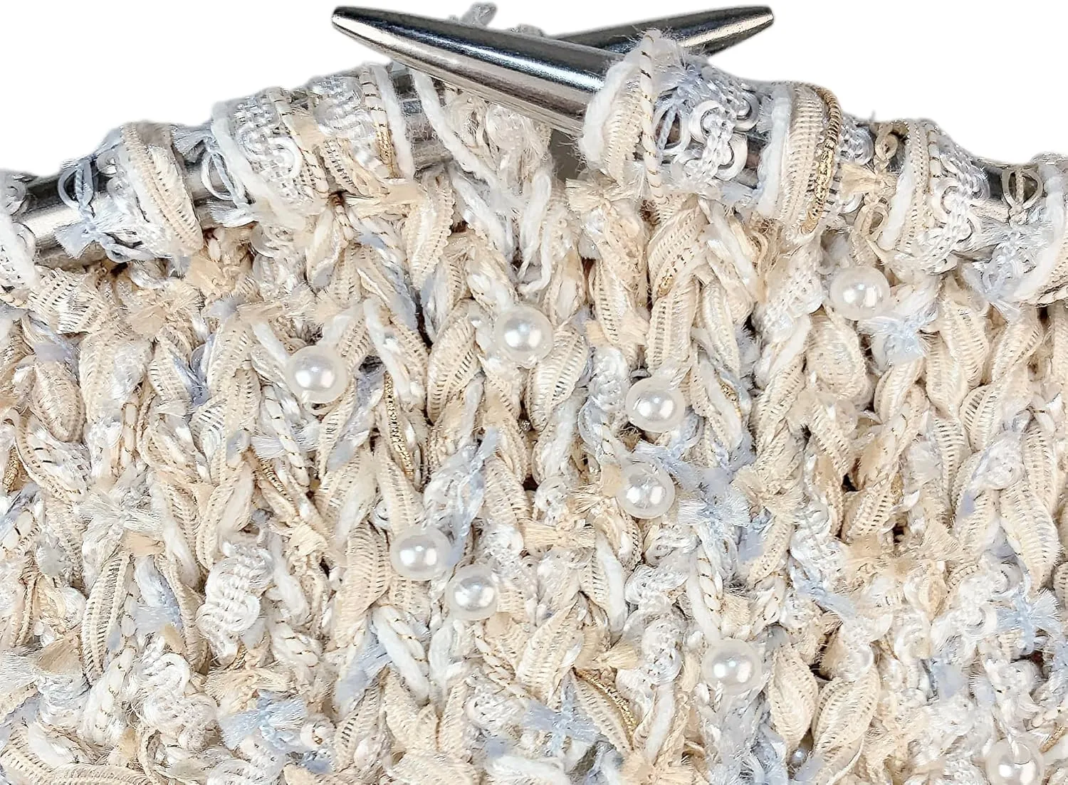 Hand-Blended Multifiber Multicolored Fancy Yarn with Beads for Knitting Crocheting Crafts DIY, Set of 3 Rolls (Beige)