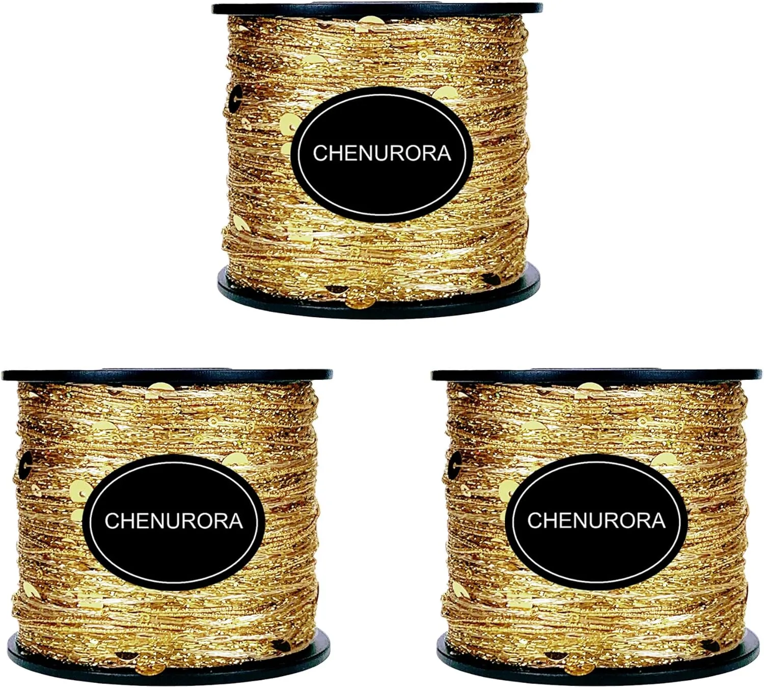 Hand-Blended Multifiber Multicolored Fancy Yarn with Golden Sequins for Knitting Crocheting Crafts DIY, Set of 3 Rolls (Gold)
