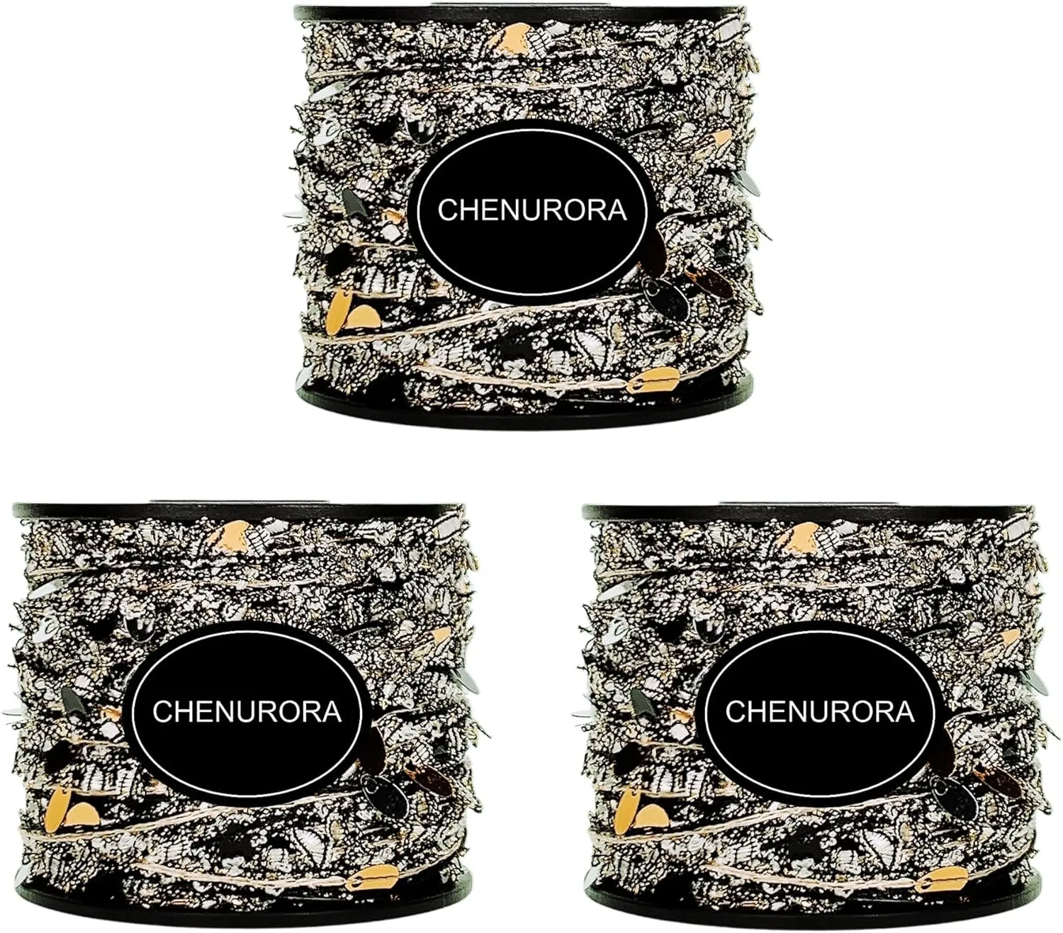 Hand-Blended Multifiber Multicolored Fancy Yarn with Sequins for Knitting Crocheting Crafts DIY, Set of 3 Rolls (Black & Gold)