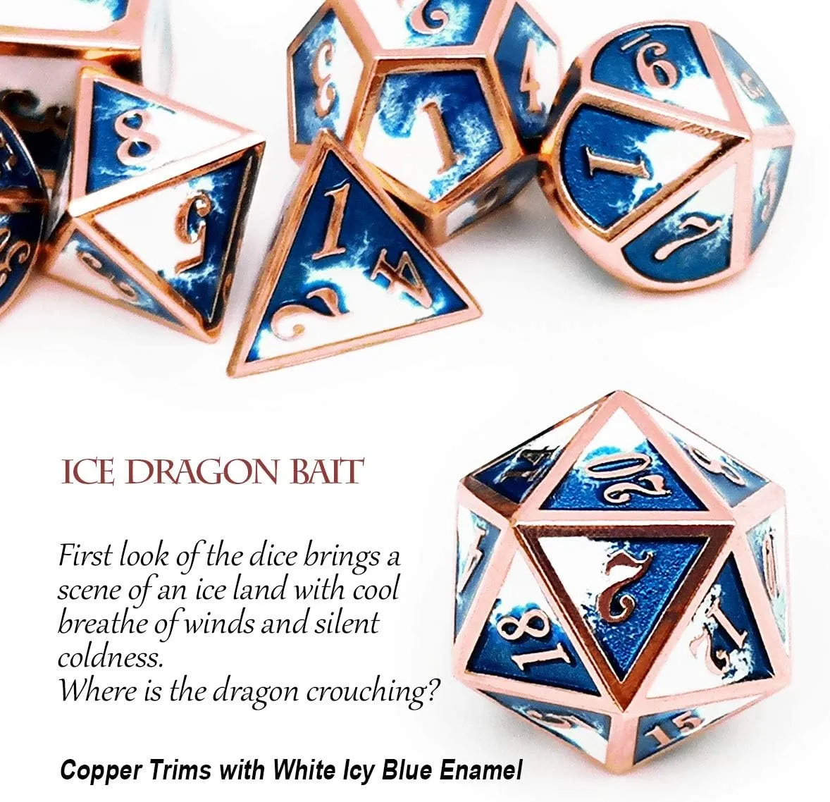 Haxtec Metal DND Dice Set Copper Blue White D&D Dice with Leather Dice Bag for Dungeons and Dragons RPG-Ice Dragon Bait
