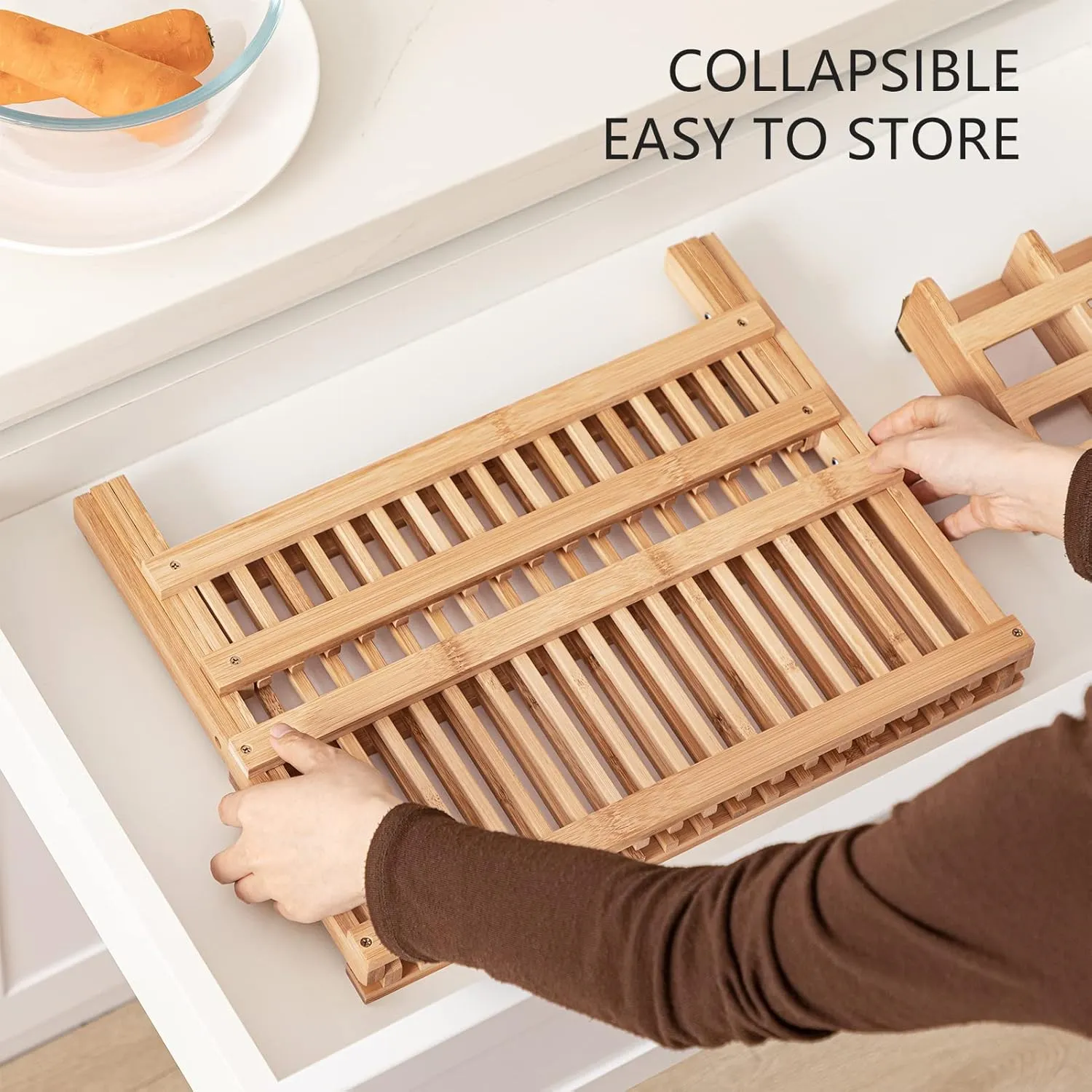 HBlife Dish Rack, Bamboo Folding 2-Tier Collapsible Drainer Dish Drying Rack with Utensils Flatware Holder Set (Dish Rack with Utensil Holder)