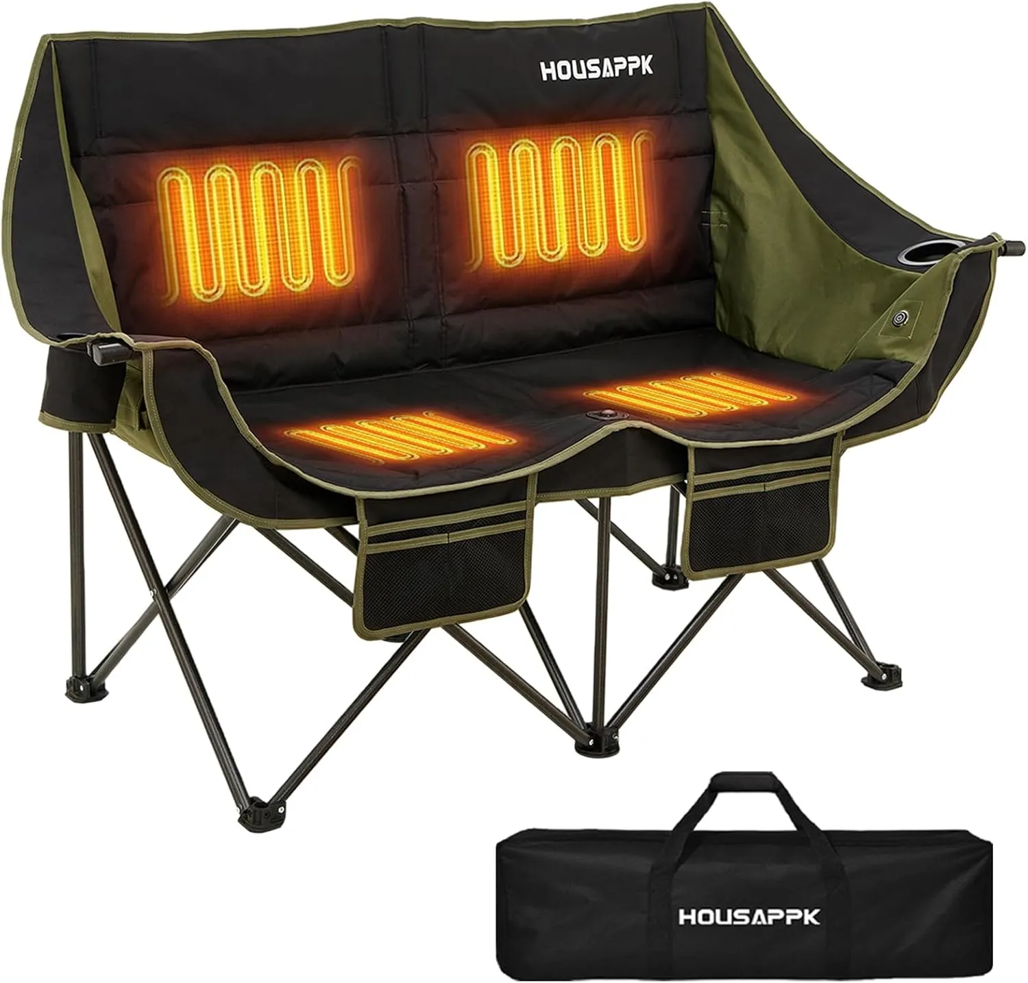 Heated Camping Chair, Oversized Heated Double Camping Chair for Adults 2 People, Heated Folding Outdoor Sports Chairs for Lawn, Hunting and Picnic, Supports 550 lbs,Battery Not Included