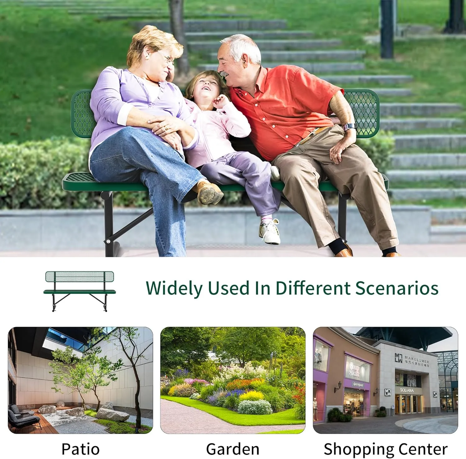Heavy Duty Park Bench with Back Portable Frame, Outdoor Steel Bench with Backrest, Outdoor Park Bench Expanded Metal Mesh Bench for Lawn, Park, Deck, Garden, Patio, Porch, Black (Green, 6FT)