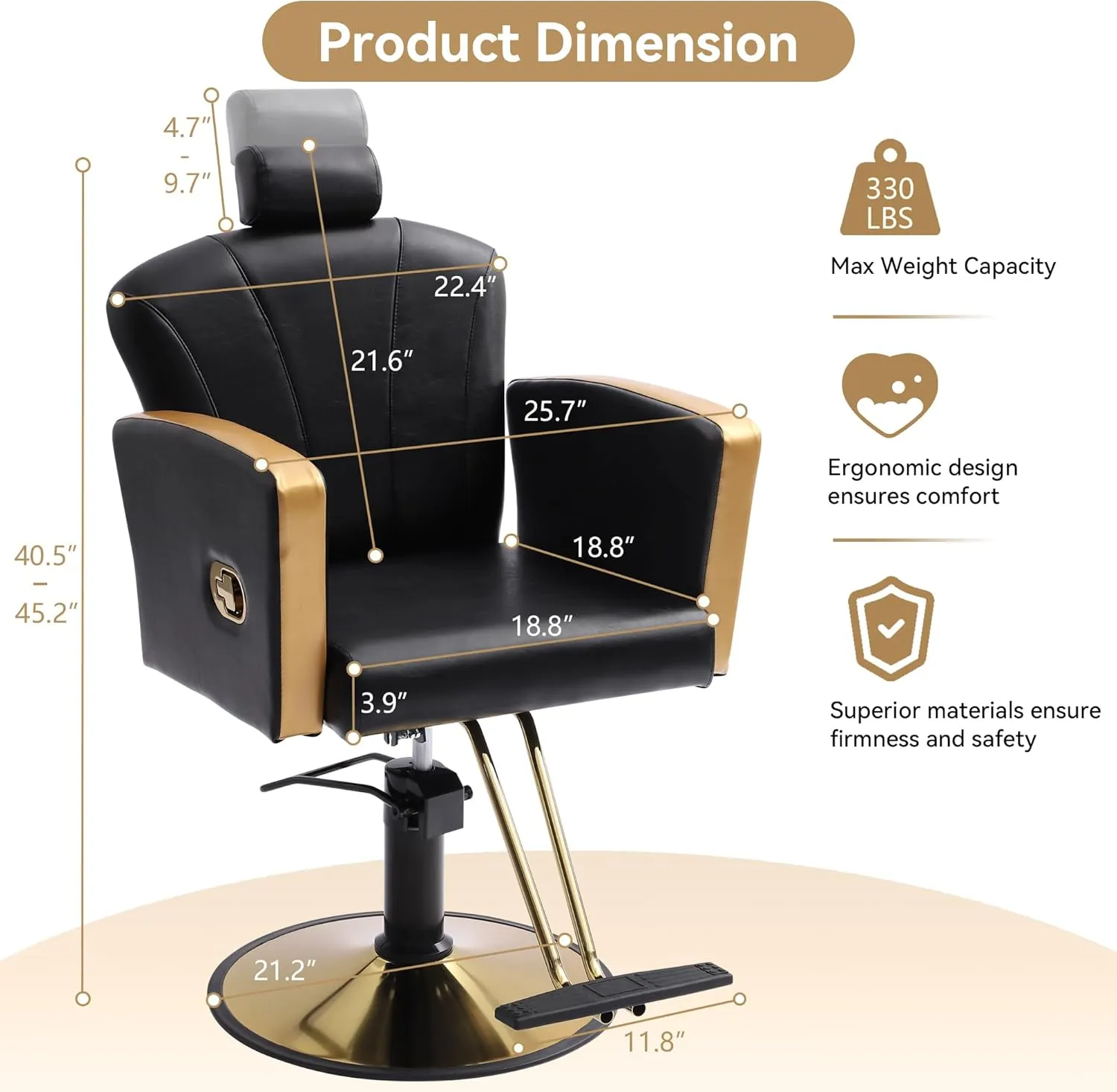 Height Adjustable Salon Chair for Hair Sylist, Reclining Salon Hair Chairs, Hydraulic Barber Chair, 360 Degree Swivel Shampoo Chairset for Barbershop (Black-Golden)