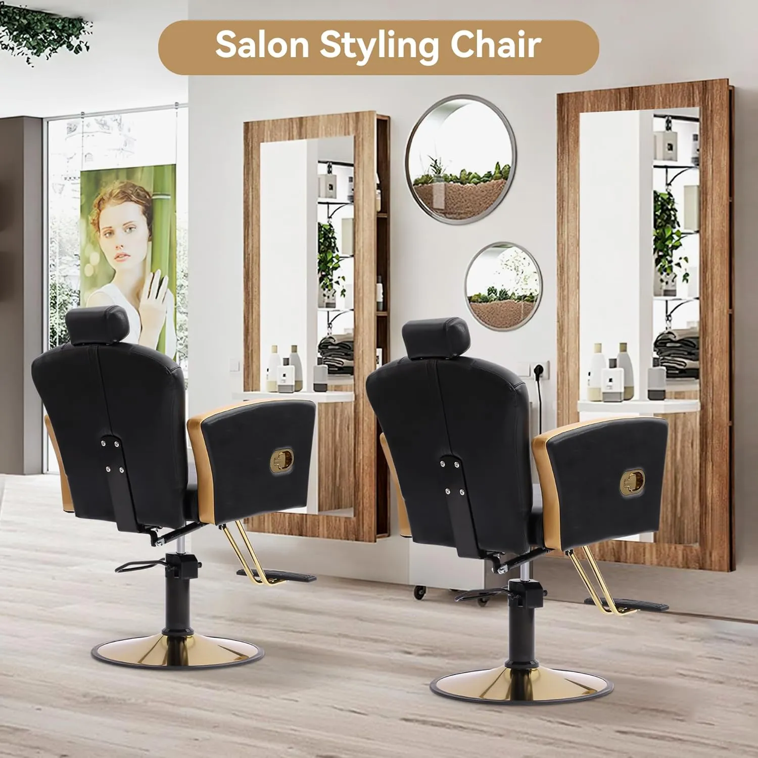 Height Adjustable Salon Chair for Hair Sylist, Reclining Salon Hair Chairs, Hydraulic Barber Chair, 360 Degree Swivel Shampoo Chairset for Barbershop (Black-Golden)