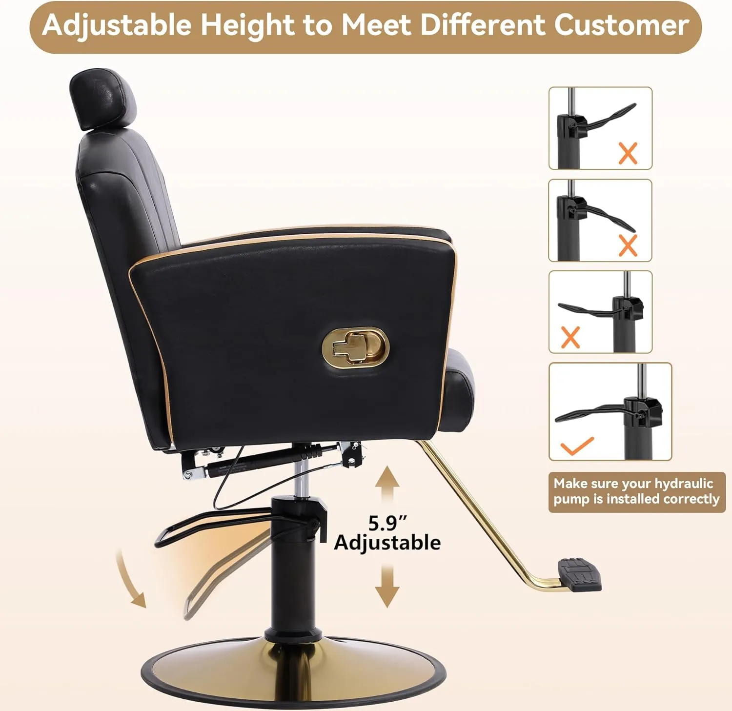 Height Adjustable Salon Chair for Hair Sylist, Reclining Salon Hair Chairs, Hydraulic Barber Chair, 360 Degree Swivel Shampoo Chairset for Barbershop (Black-Golden)