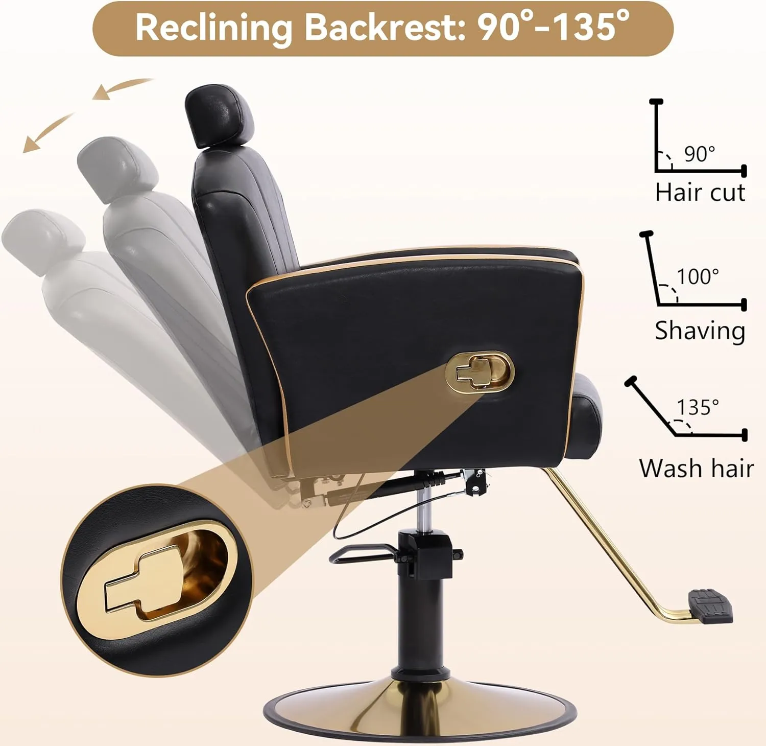 Height Adjustable Salon Chair for Hair Sylist, Reclining Salon Hair Chairs, Hydraulic Barber Chair, 360 Degree Swivel Shampoo Chairset for Barbershop (Black-Golden)