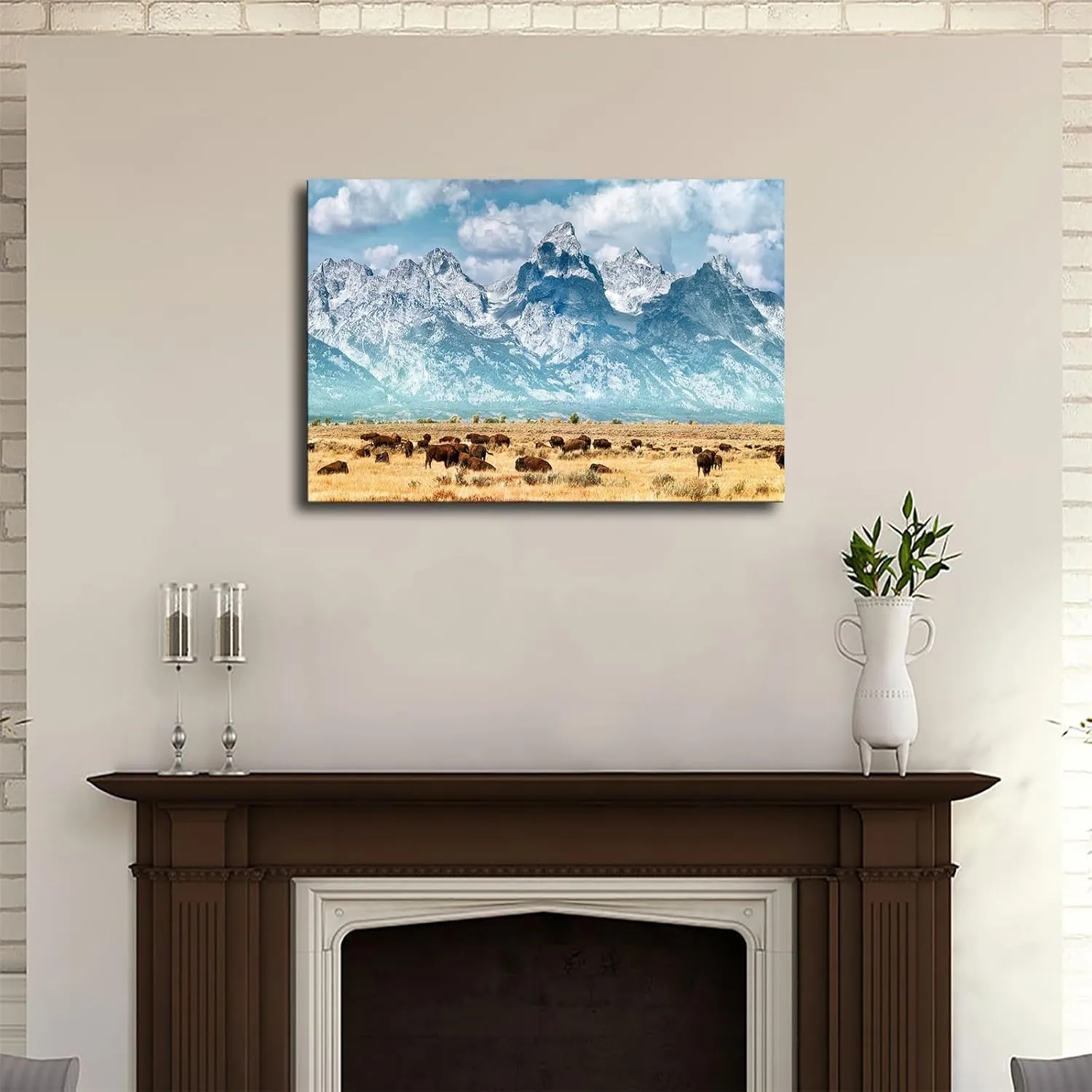 Herd of Bison Buffalo Grazing Near Grand Teton Mountains Wyoming Snow Covered Mountain Range Poster Picture HD Printing Modern Home Bedroom Wall Art Kitchen Office Decoration (Unframed,24×36inch)