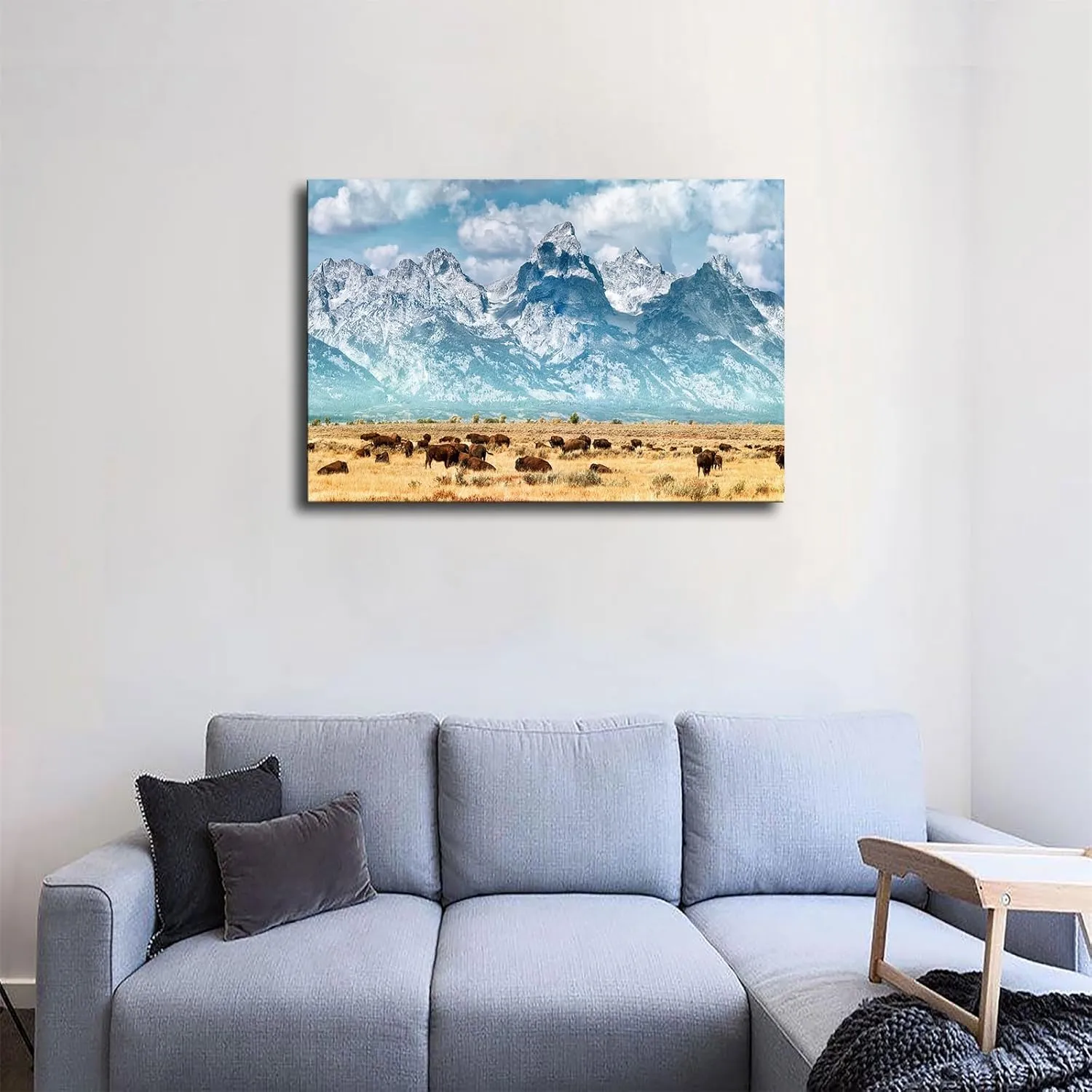 Herd of Bison Buffalo Grazing Near Grand Teton Mountains Wyoming Snow Covered Mountain Range Poster Picture HD Printing Modern Home Bedroom Wall Art Kitchen Office Decoration (Unframed,24×36inch)