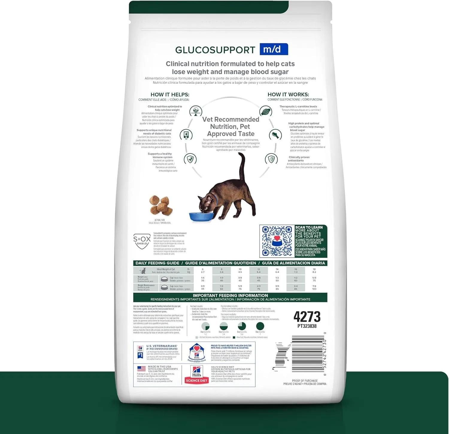 Hill's Prescription Diet m/d GlucoSupport Chicken Flavor Dry Cat Food, Veterinary Diet, 4 lb. Bag