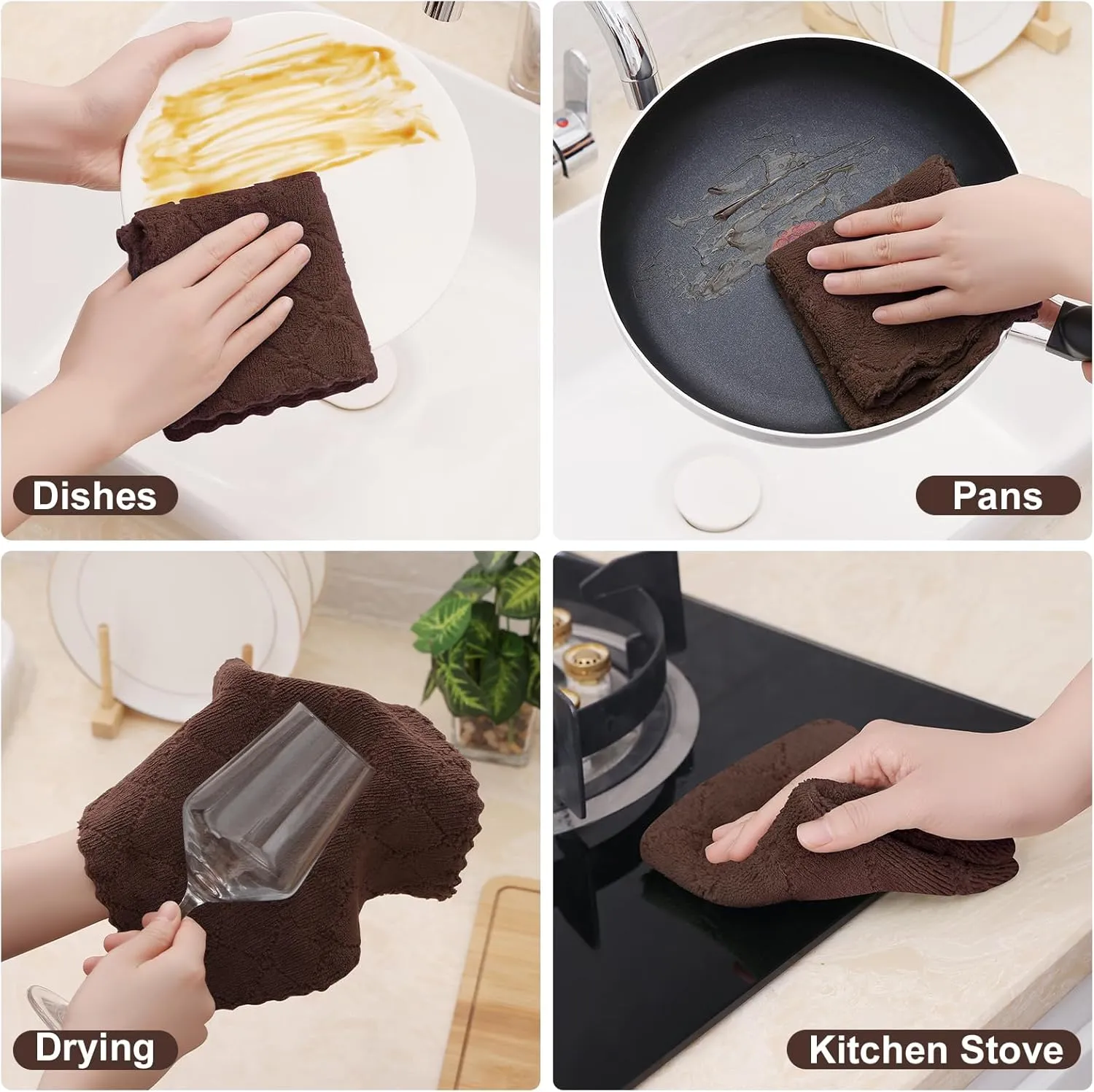 Homaxy 12 Pack Kitchen Dish Cloths (10 x 10 Inches, Brown), Super Soft and Absorbent Coral Velvet Dish Towels, Nonstick Oil Fast Drying Microfiber Cleaning Cloth, No Lint Household Dishcloths