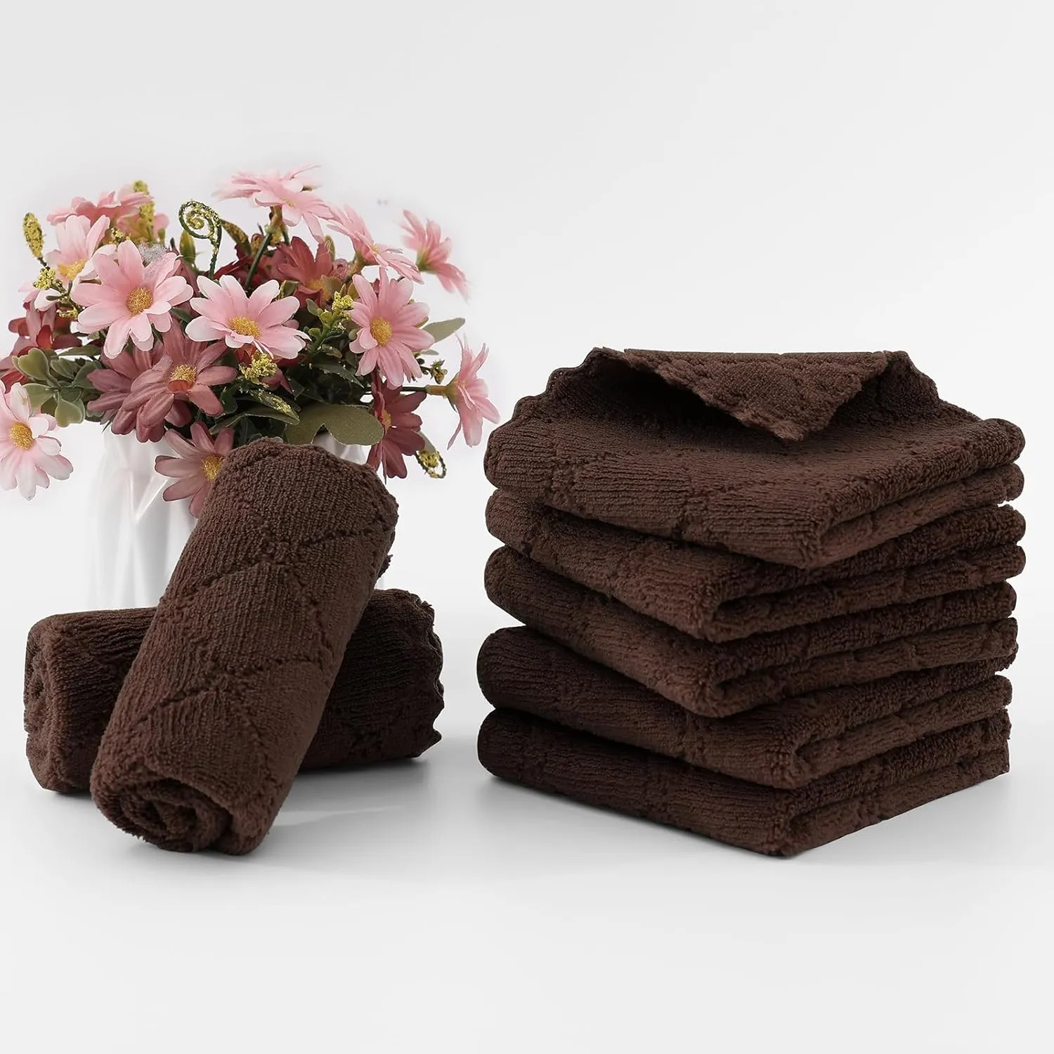 Homaxy 12 Pack Kitchen Dish Cloths (10 x 10 Inches, Brown), Super Soft and Absorbent Coral Velvet Dish Towels, Nonstick Oil Fast Drying Microfiber Cleaning Cloth, No Lint Household Dishcloths