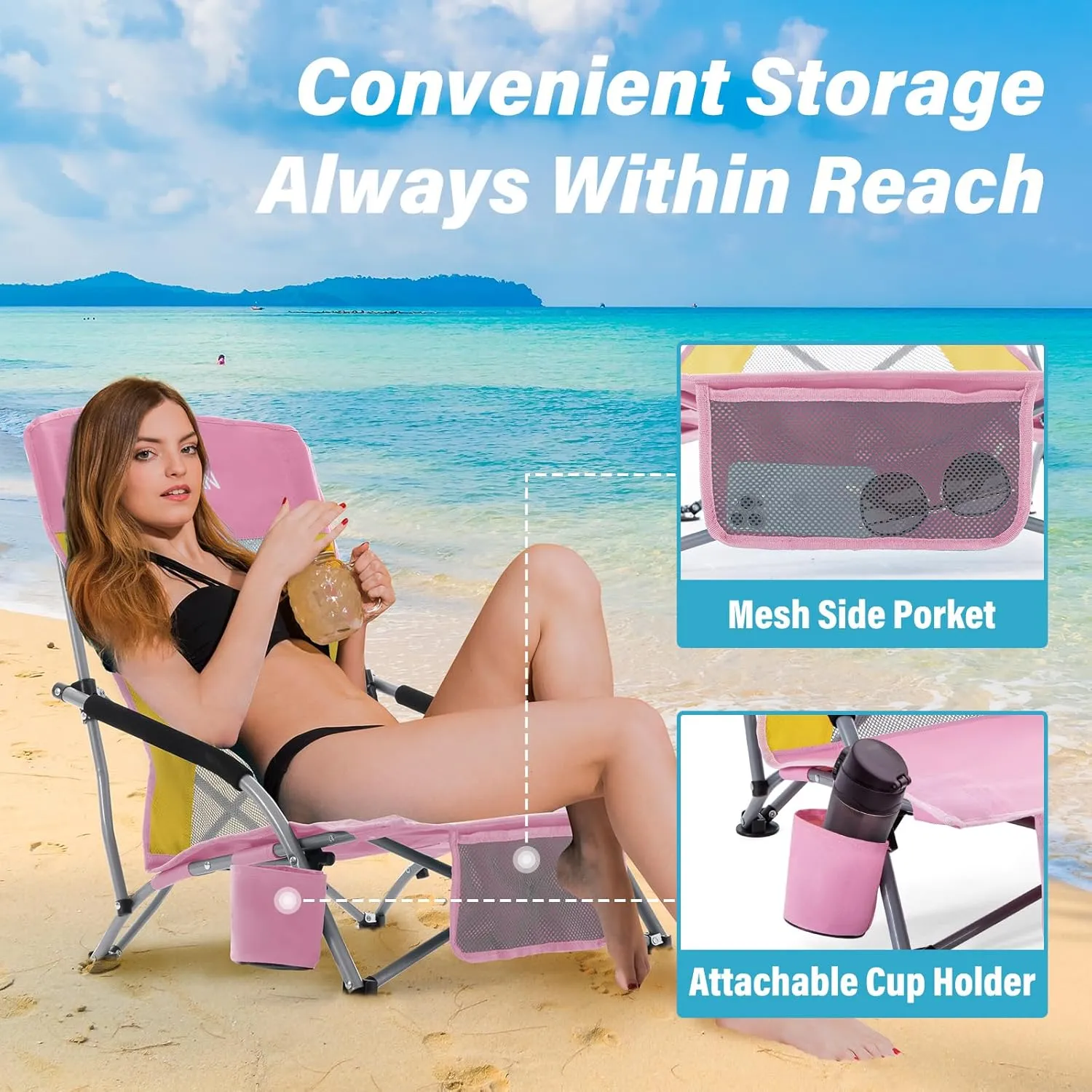 Homcosan Portable Low Folding Beach Chairs Set of 2 - Lightweight Camping Chairs for Adults with Cup Holder & Storage Pockets, Carry Bag Included (Pink & Yellow)