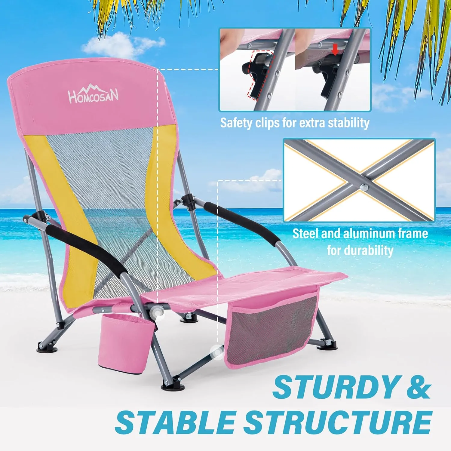 Homcosan Portable Low Folding Beach Chairs Set of 2 - Lightweight Camping Chairs for Adults with Cup Holder & Storage Pockets, Carry Bag Included (Pink & Yellow)