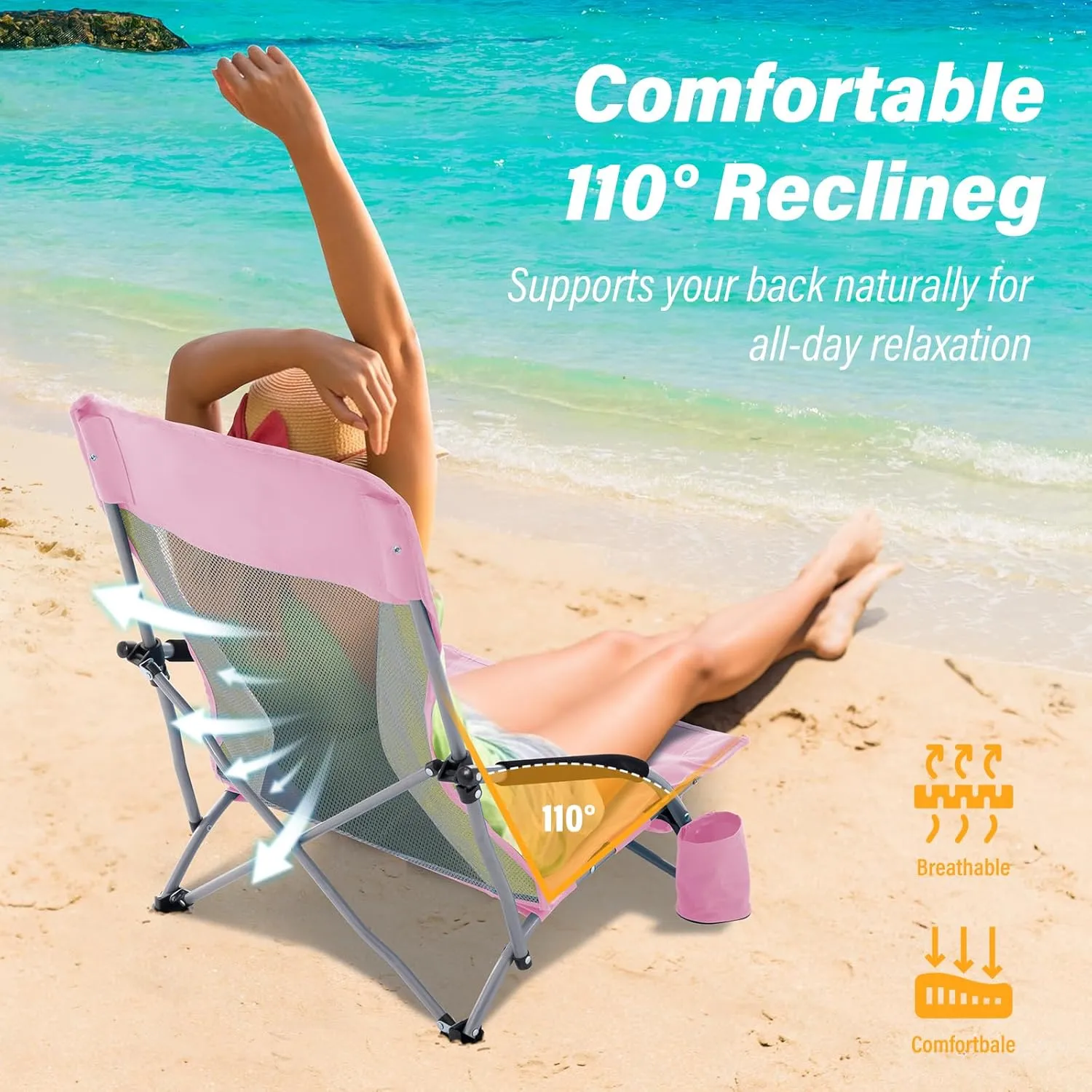 Homcosan Portable Low Folding Beach Chairs Set of 2 - Lightweight Camping Chairs for Adults with Cup Holder & Storage Pockets, Carry Bag Included (Pink & Yellow)