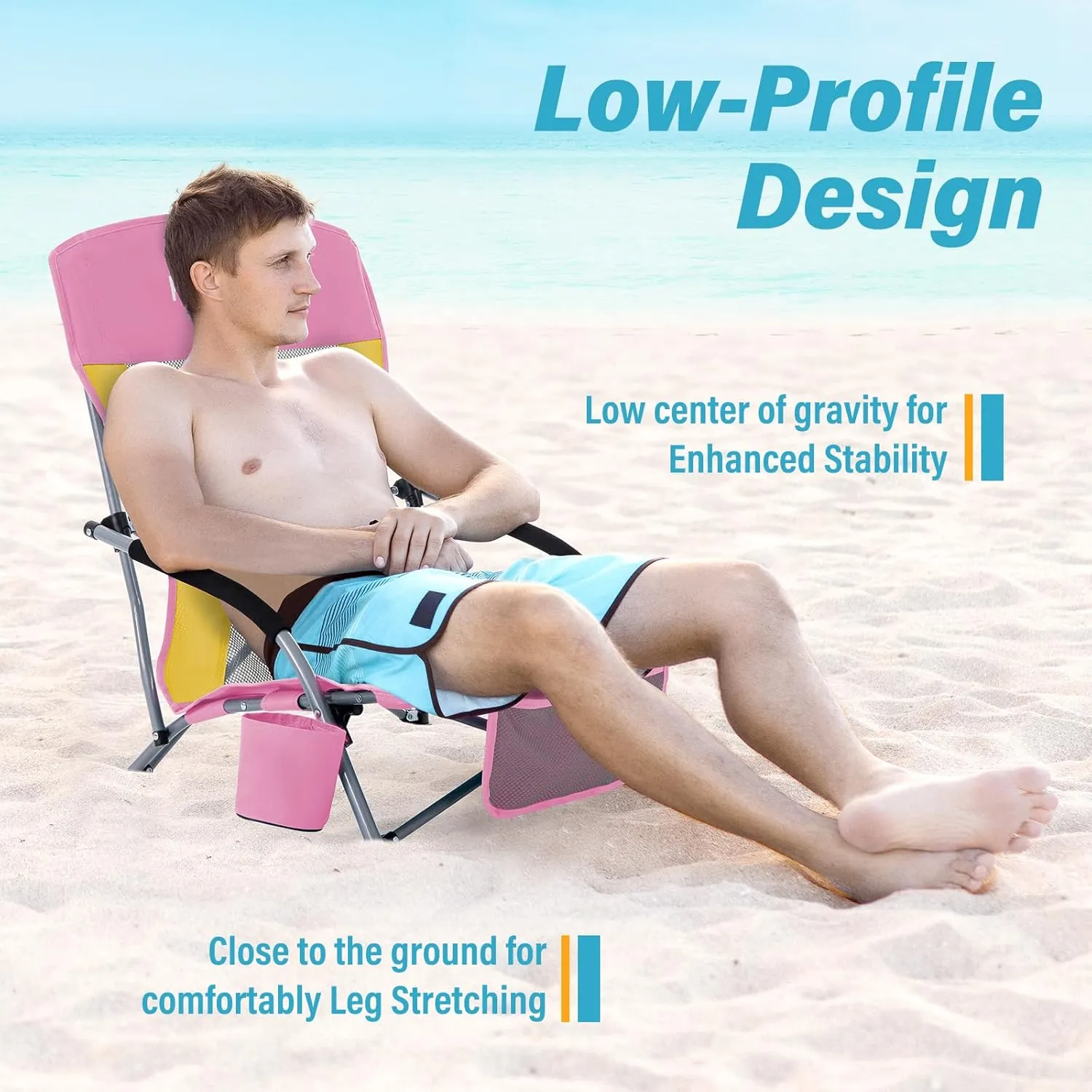 Homcosan Portable Low Folding Beach Chairs Set of 2 - Lightweight Camping Chairs for Adults with Cup Holder & Storage Pockets, Carry Bag Included (Pink & Yellow)