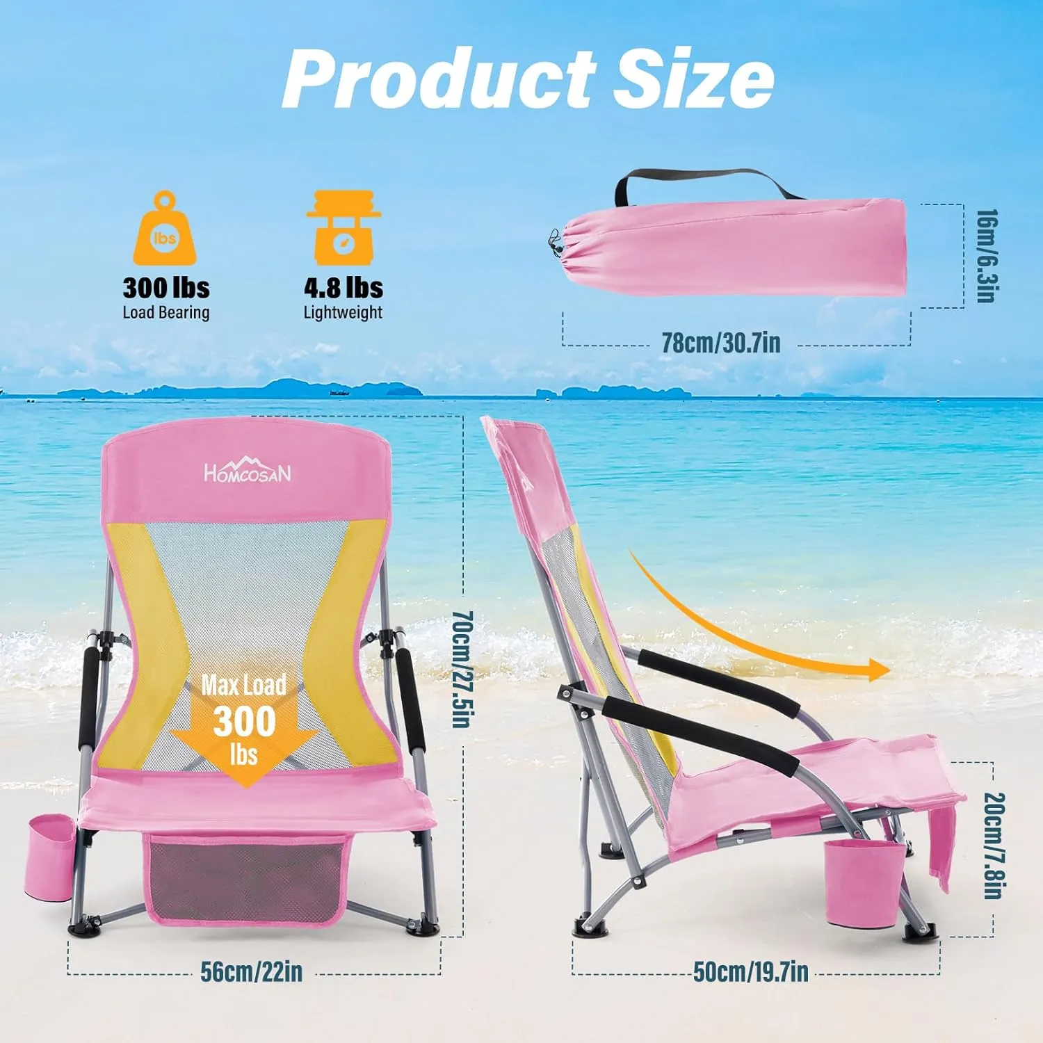 Homcosan Portable Low Folding Beach Chairs Set of 2 - Lightweight Camping Chairs for Adults with Cup Holder & Storage Pockets, Carry Bag Included (Pink & Yellow)