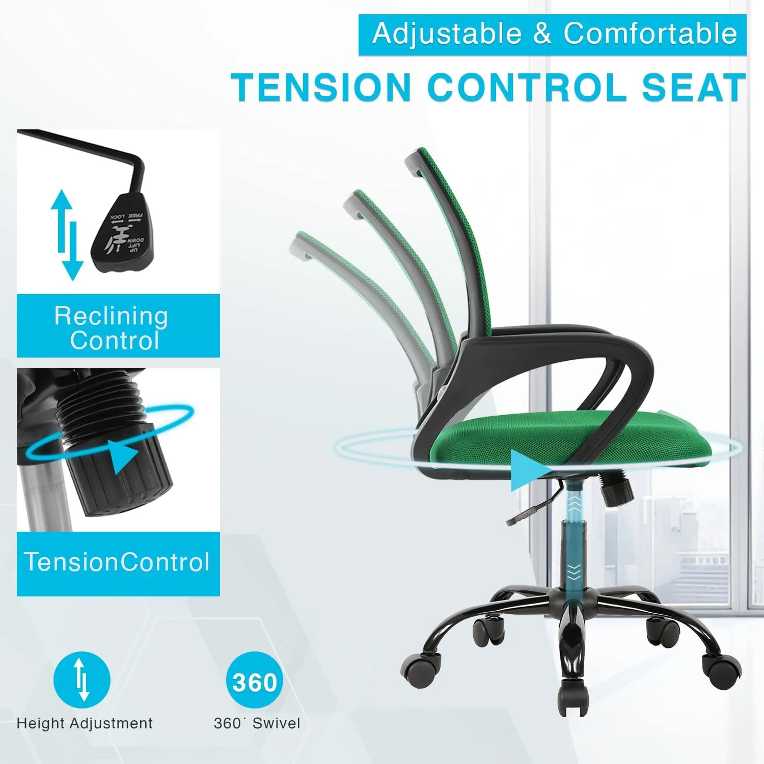 Home Office Chair Ergonomic Desk Chair Mesh Computer Chair with Lumbar Support Armrest Executive Rolling Swivel Adjustable Mid Back Task Chair for Women Adults,Green