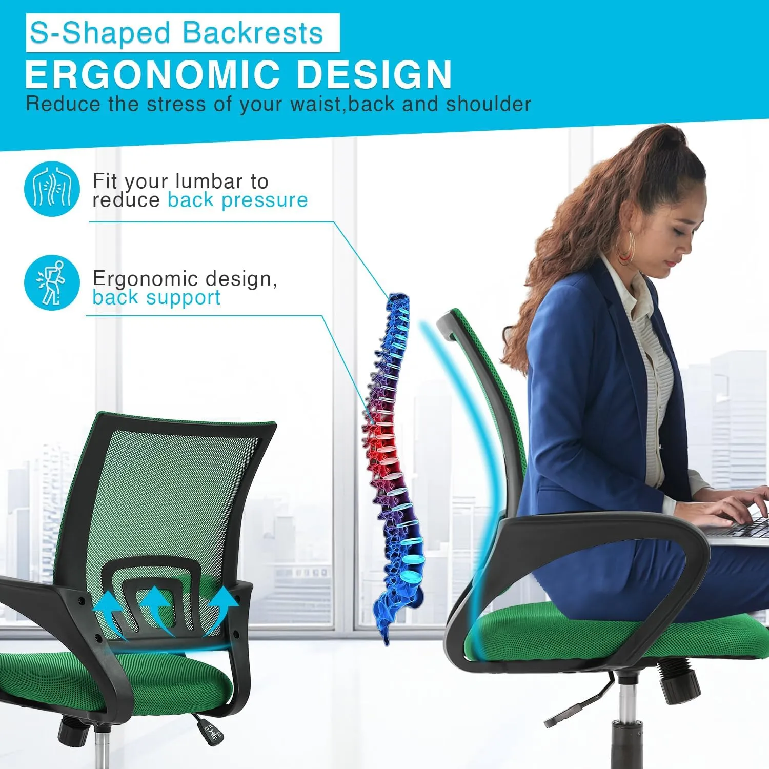 Home Office Chair Ergonomic Desk Chair Mesh Computer Chair with Lumbar Support Armrest Executive Rolling Swivel Adjustable Mid Back Task Chair for Women Adults,Green
