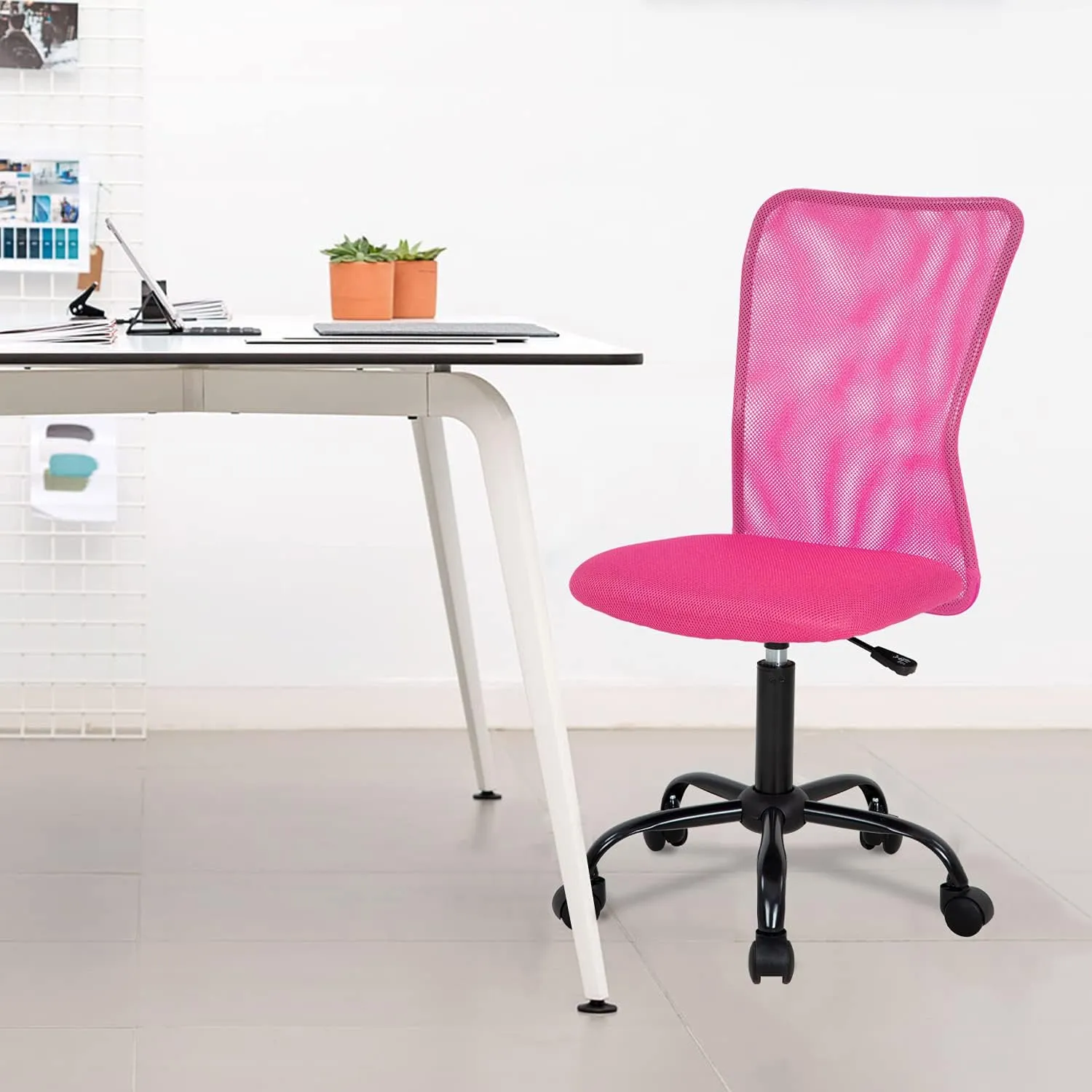 Home Office Chair Mid Back Mesh Desk Chair Armless Computer Chair Ergonomic Task Rolling Swivel Chair Back Support Adjustable Modern Chair with Lumbar Support (Pink)
