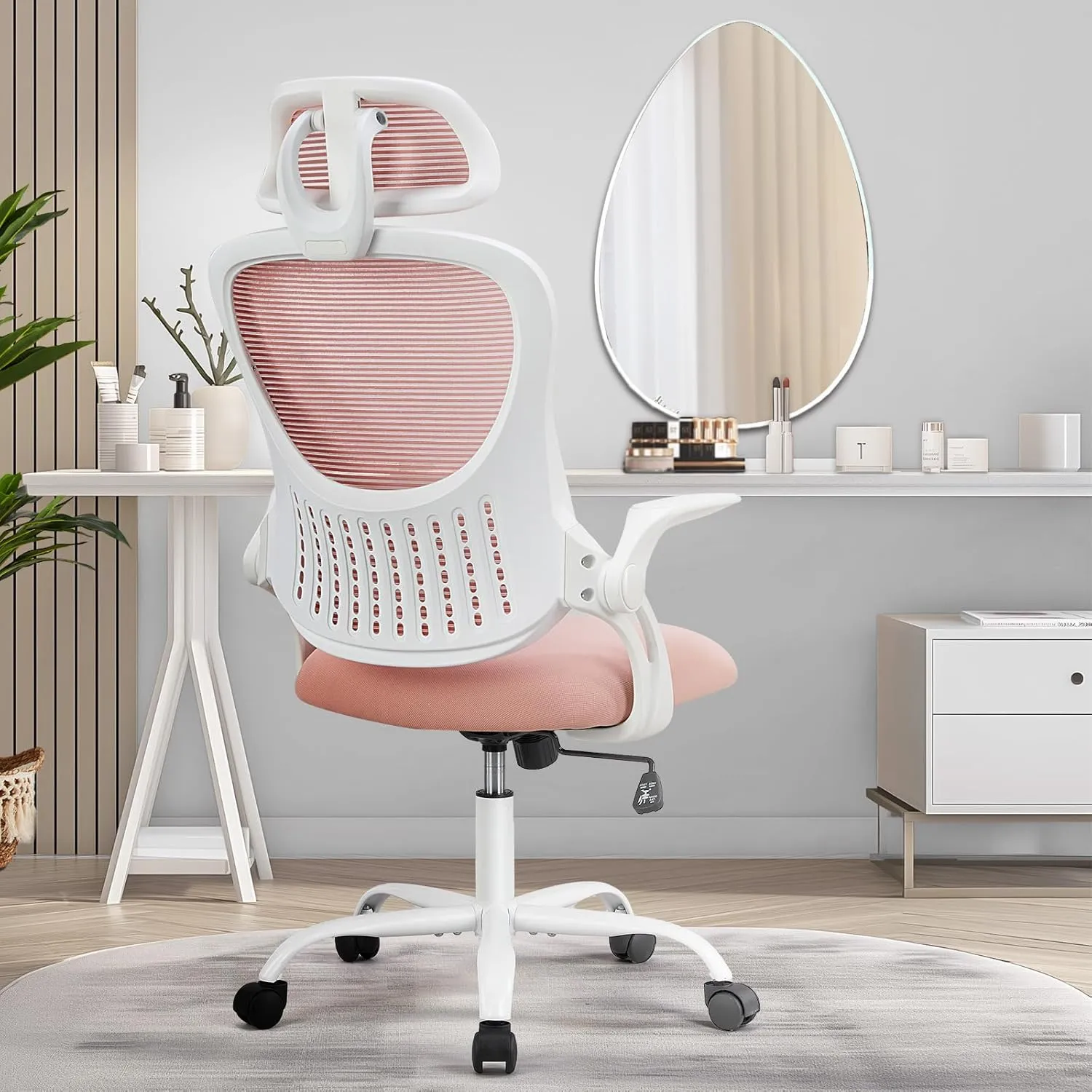 Home Office Desk Chair, Ergonomic Computer Managerial Executive Chairs High-Back Work Swivel Task Chairs with Wheels, Lumbar Support, Comfy Flip-up Armrest for Gaming, Study, Student, Pink