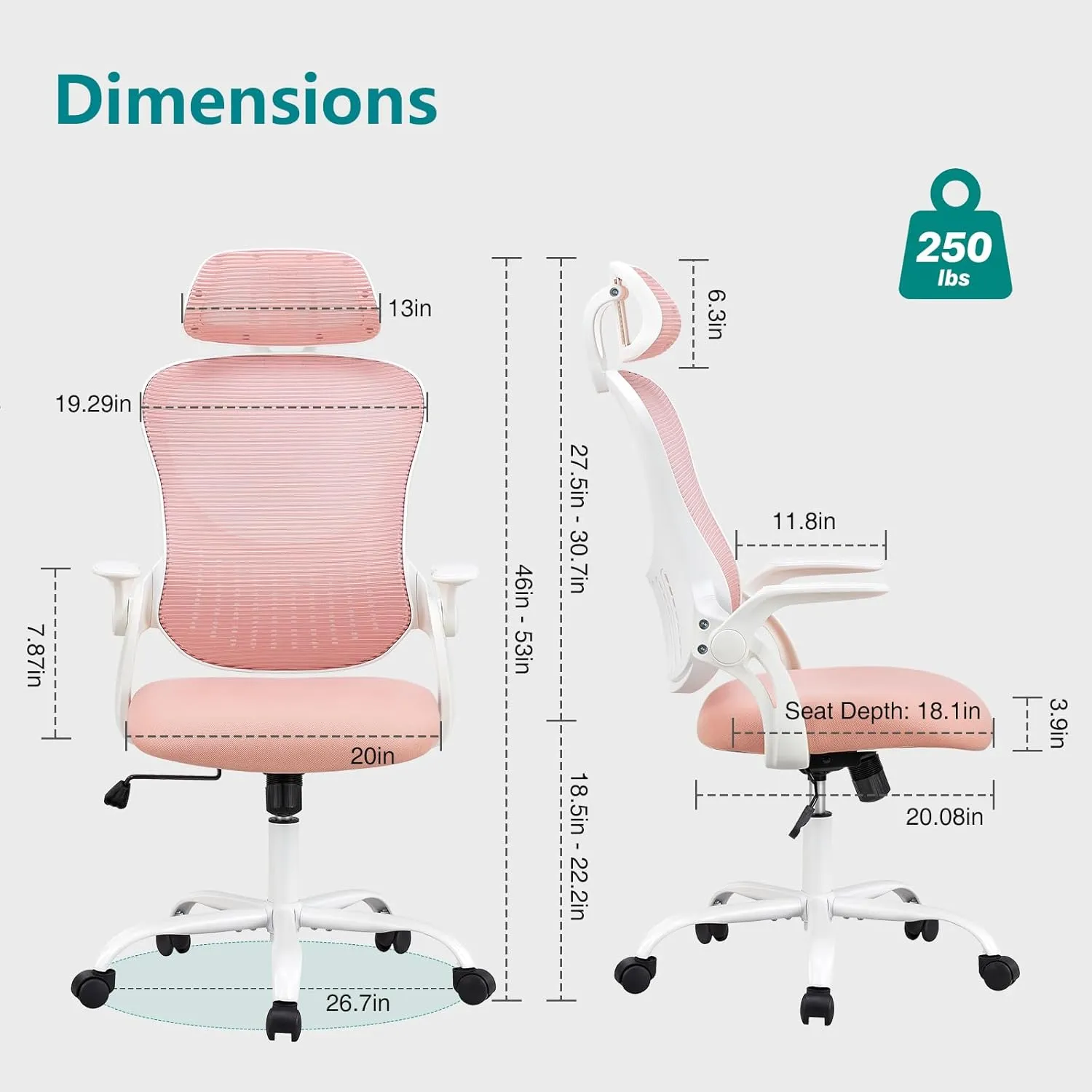 Home Office Desk Chair, Ergonomic Computer Managerial Executive Chairs High-Back Work Swivel Task Chairs with Wheels, Lumbar Support, Comfy Flip-up Armrest for Gaming, Study, Student, Pink