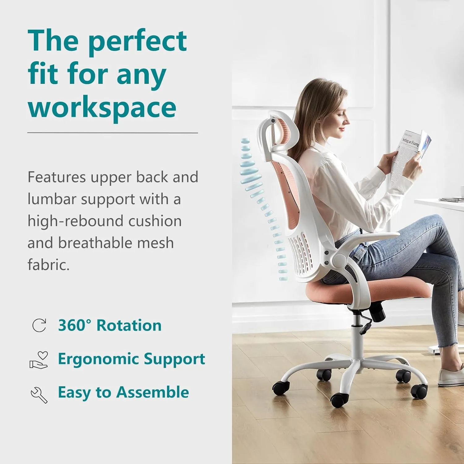 Home Office Desk Chair, Ergonomic Computer Managerial Executive Chairs High-Back Work Swivel Task Chairs with Wheels, Lumbar Support, Comfy Flip-up Armrest for Gaming, Study, Student, Pink