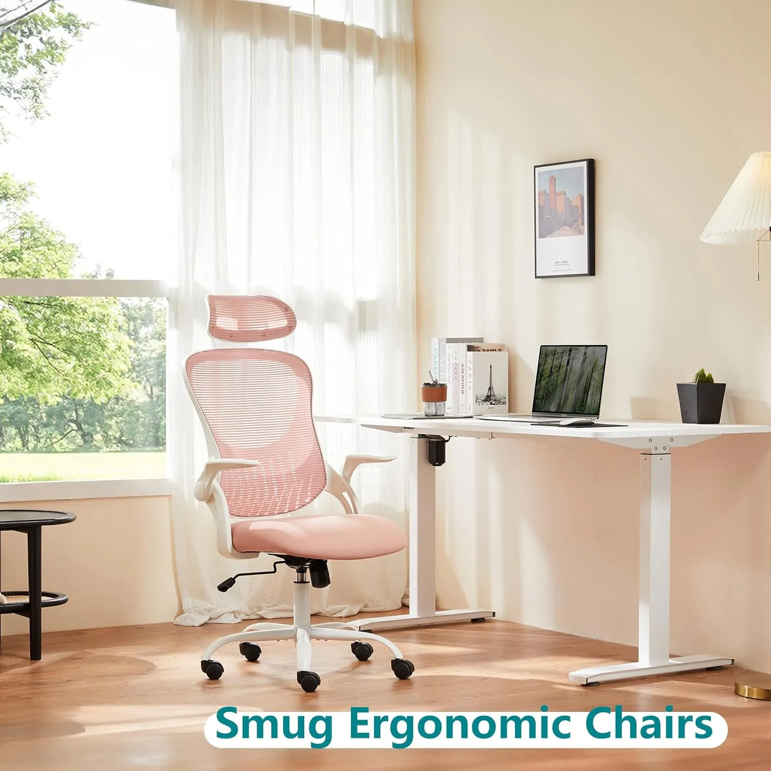 Home Office Desk Chair, Ergonomic Computer Managerial Executive Chairs High-Back Work Swivel Task Chairs with Wheels, Lumbar Support, Comfy Flip-up Armrest for Gaming, Study, Student, Pink