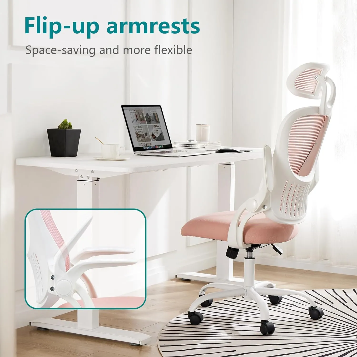 Home Office Desk Chair, Ergonomic Computer Managerial Executive Chairs High-Back Work Swivel Task Chairs with Wheels, Lumbar Support, Comfy Flip-up Armrest for Gaming, Study, Student, Pink