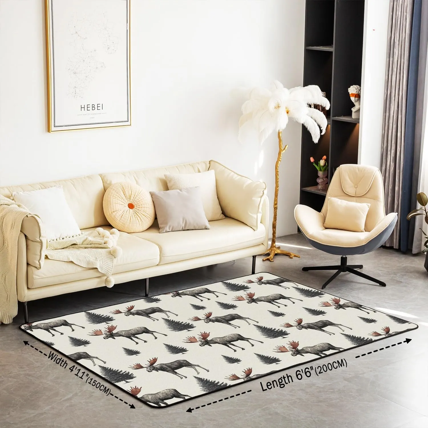 Homewish Wild Moose Area Rug 5'x6'6" Jungle Gray Pine Trees Decor Non Shedding Rug for Kids Teens Adults Lodge Cabin Jungle Animals Deer Antlers Non Slip Rug for Bedroom Sofa