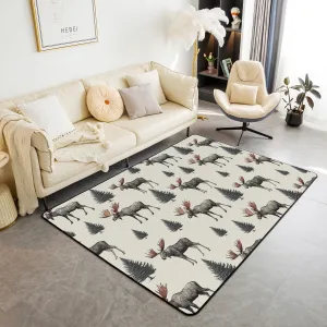 Homewish Wild Moose Area Rug 5'x6'6" Jungle Gray Pine Trees Decor Non Shedding Rug for Kids Teens Adults Lodge Cabin Jungle Animals Deer Antlers Non Slip Rug for Bedroom Sofa