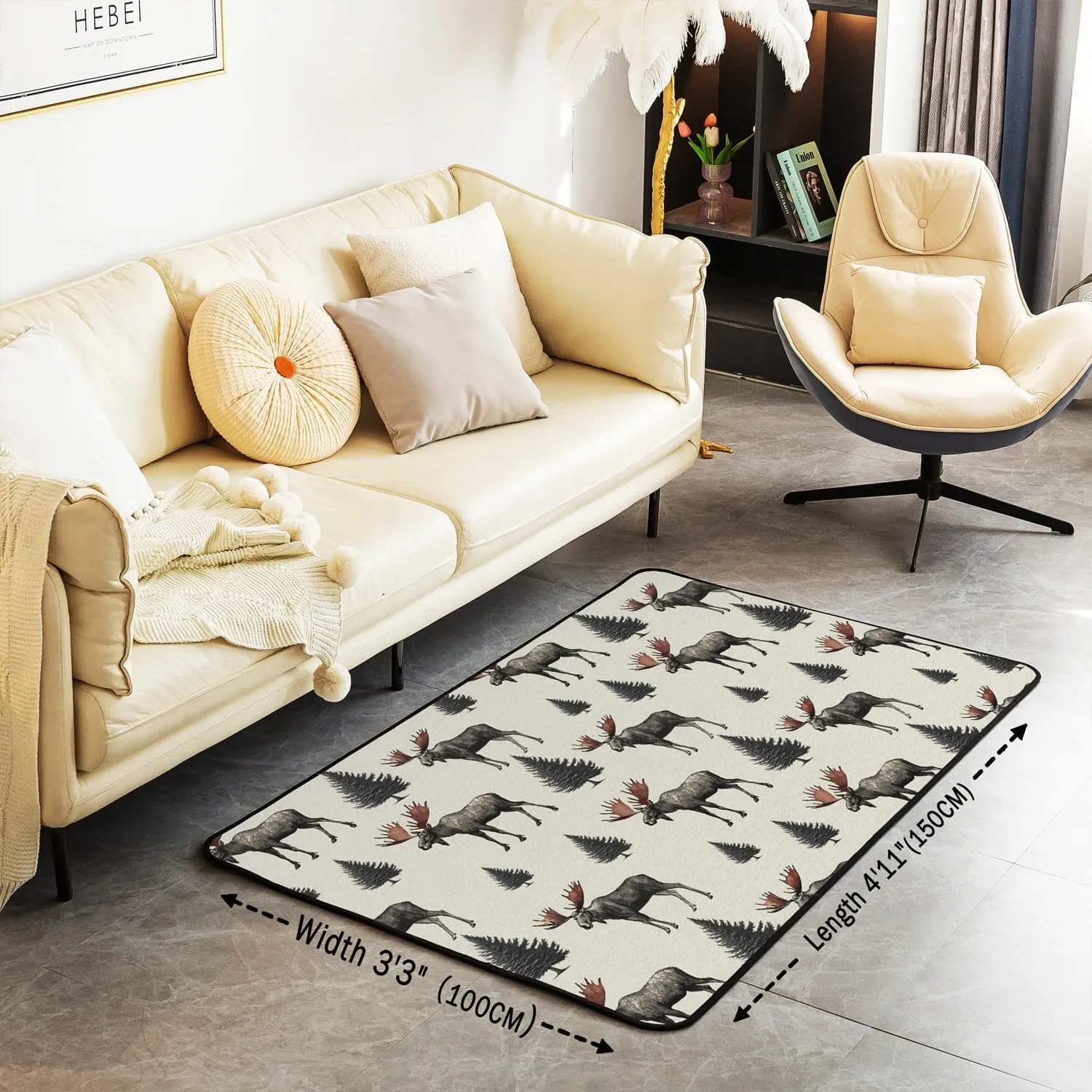 Homewish Wild Moose Area Rug 5'x6'6" Jungle Gray Pine Trees Decor Non Shedding Rug for Kids Teens Adults Lodge Cabin Jungle Animals Deer Antlers Non Slip Rug for Bedroom Sofa