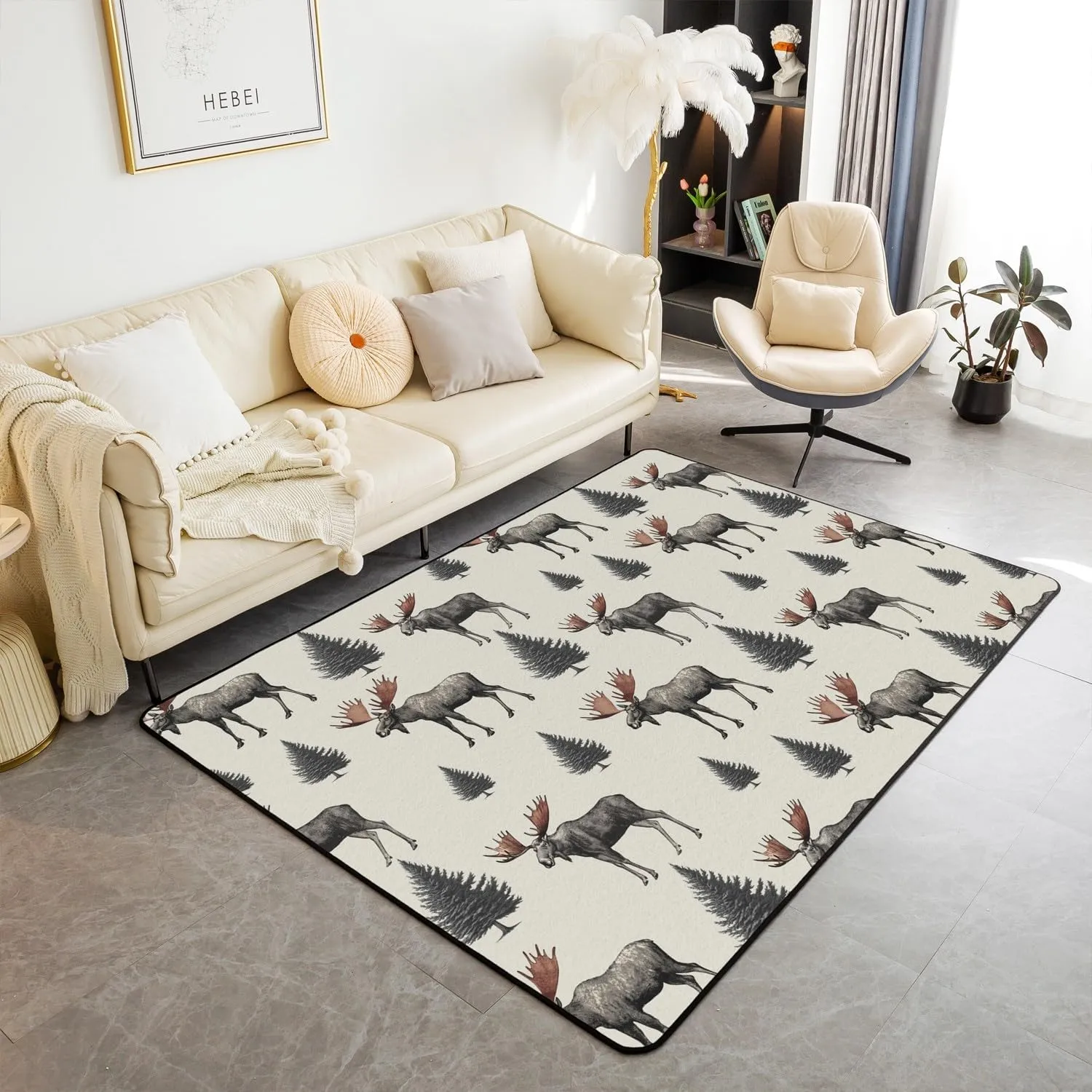 Homewish Wild Moose Area Rug 5'x6'6" Jungle Gray Pine Trees Decor Non Shedding Rug for Kids Teens Adults Lodge Cabin Jungle Animals Deer Antlers Non Slip Rug for Bedroom Sofa