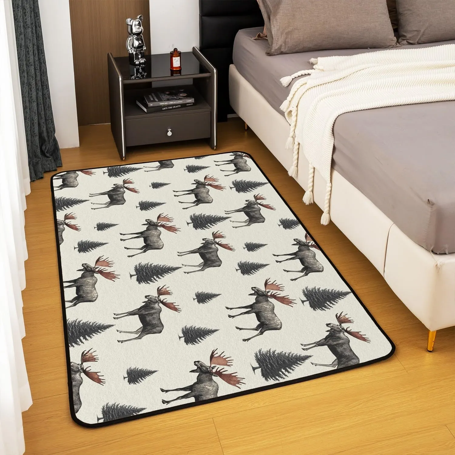 Homewish Wild Moose Area Rug 5'x6'6" Jungle Gray Pine Trees Decor Non Shedding Rug for Kids Teens Adults Lodge Cabin Jungle Animals Deer Antlers Non Slip Rug for Bedroom Sofa