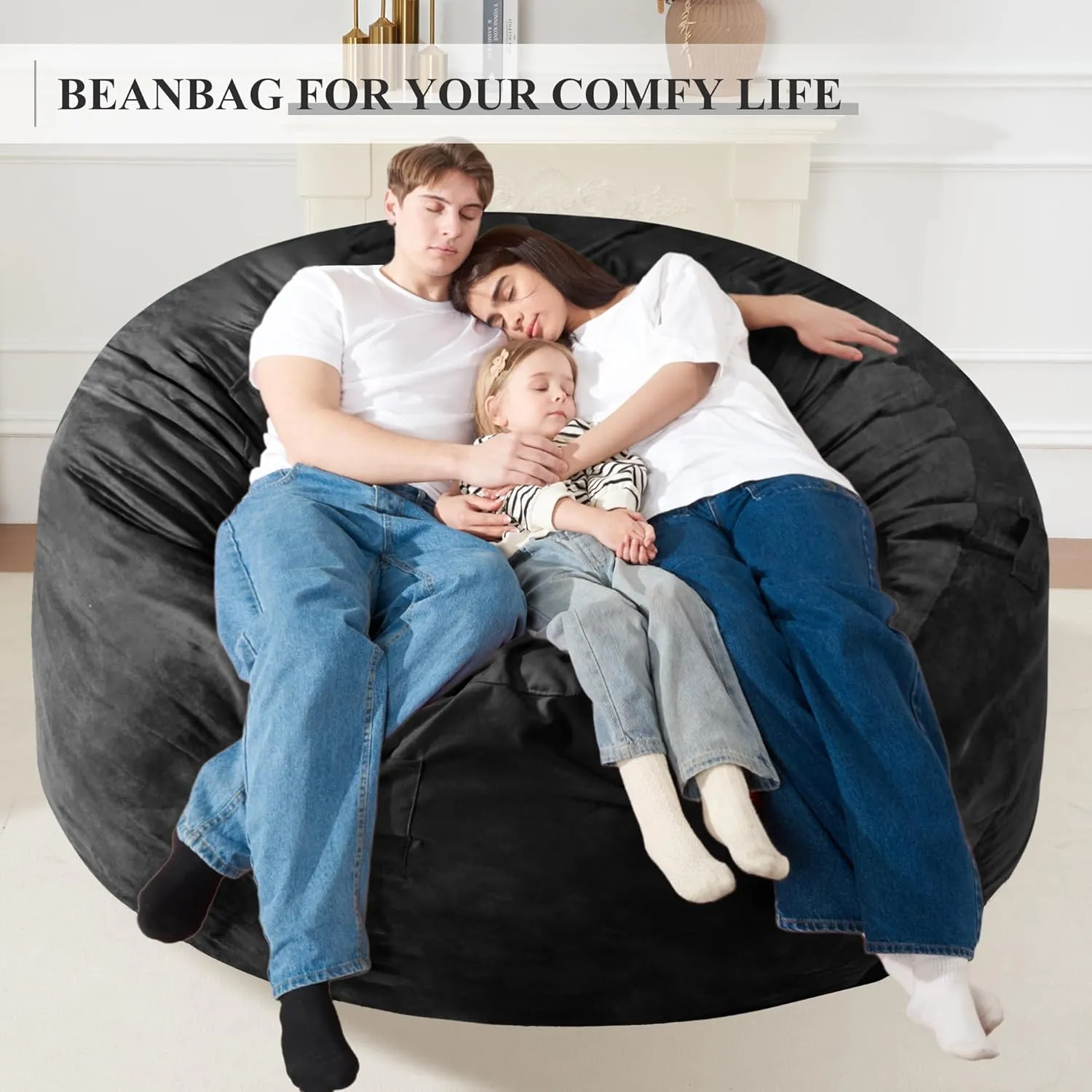 Homguava 6FT Bean Bag Chair Giant BeanBag with Memory Foam Filled, Large Bean Bag Chairs for Adults, Adult Bean Bag Chair with Dutch Velvet Cover for Living Room Bedroom-Black