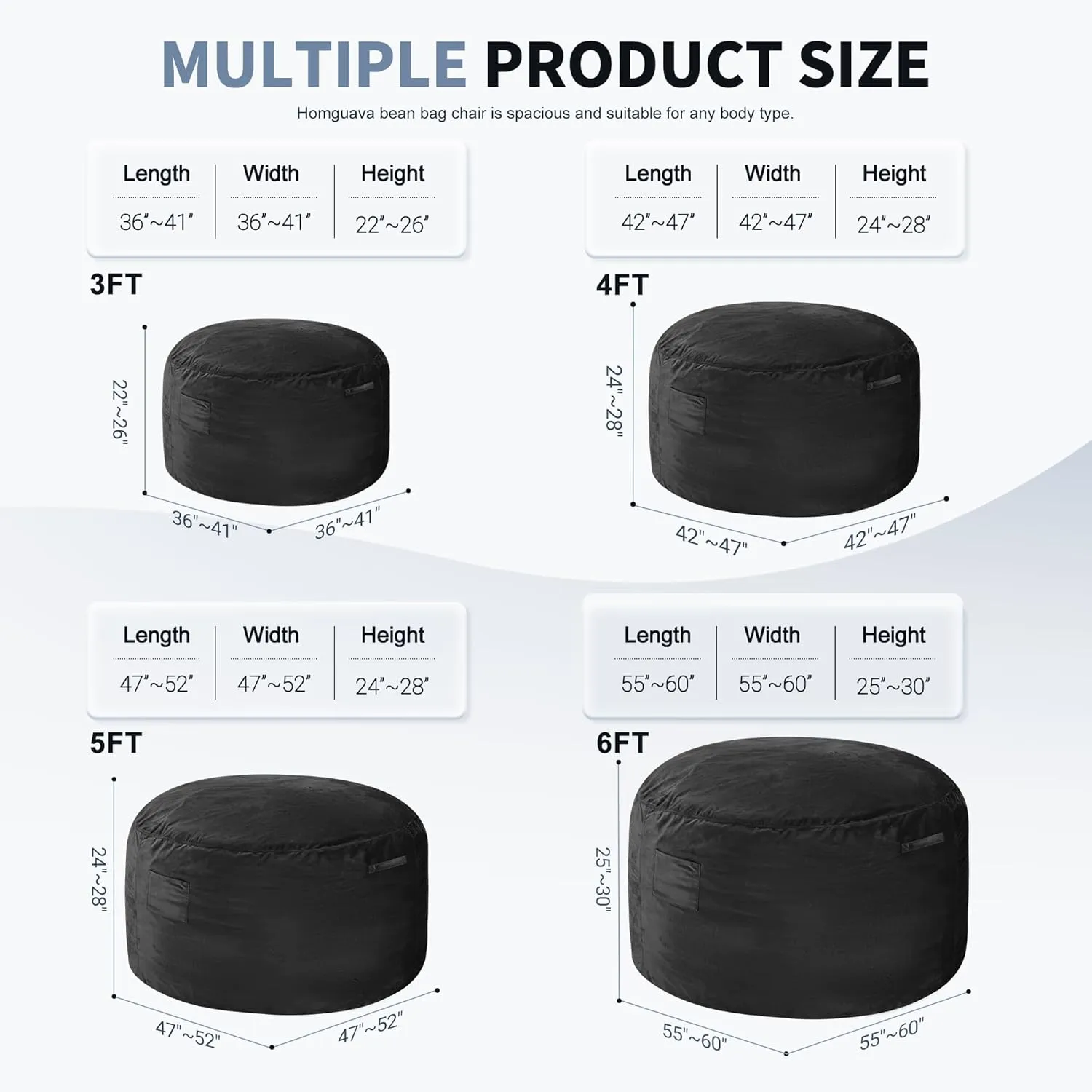 Homguava 6FT Bean Bag Chair Giant BeanBag with Memory Foam Filled, Large Bean Bag Chairs for Adults, Adult Bean Bag Chair with Dutch Velvet Cover for Living Room Bedroom-Black
