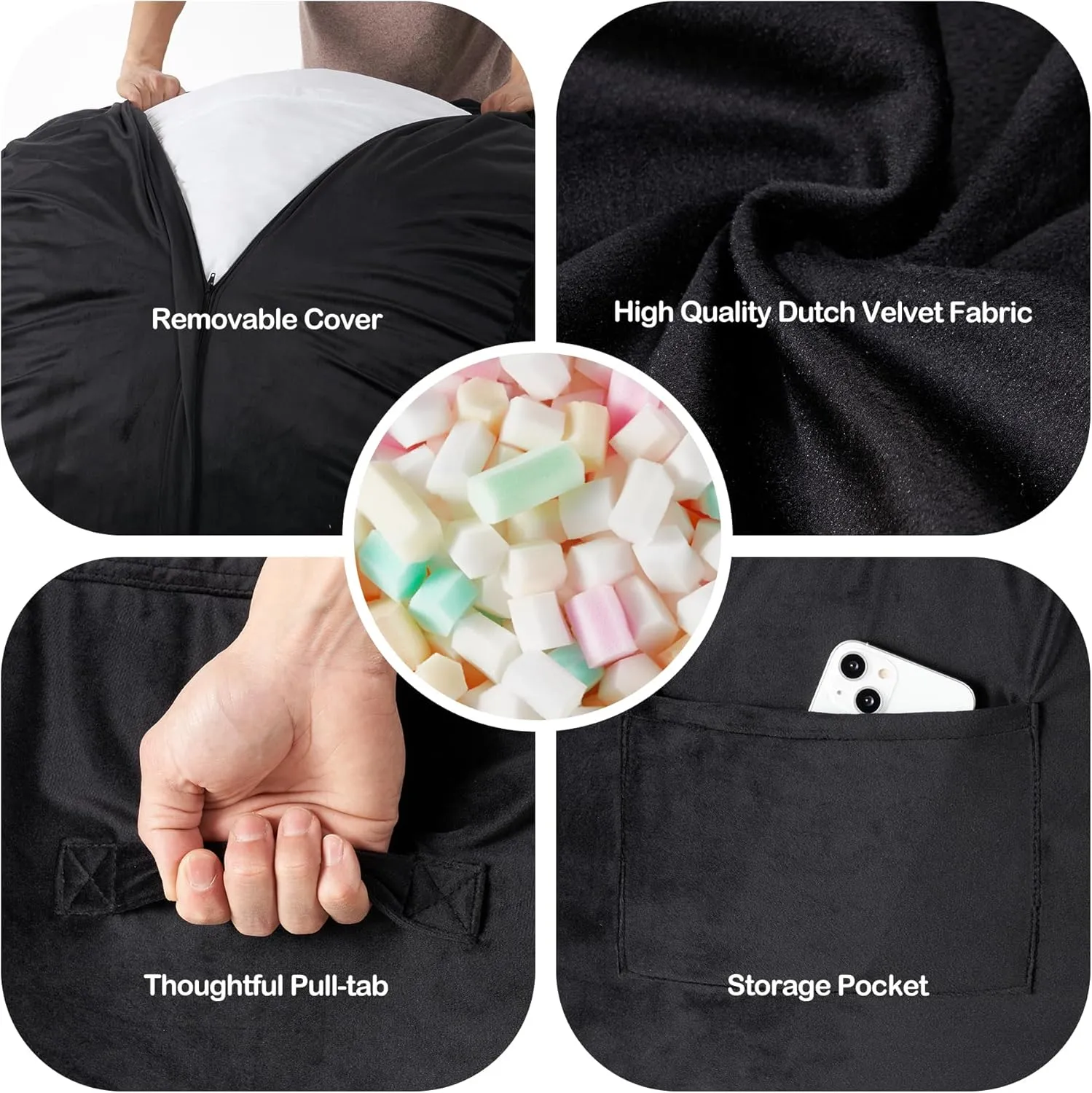 Homguava 6FT Bean Bag Chair Giant BeanBag with Memory Foam Filled, Large Bean Bag Chairs for Adults, Adult Bean Bag Chair with Dutch Velvet Cover for Living Room Bedroom-Black