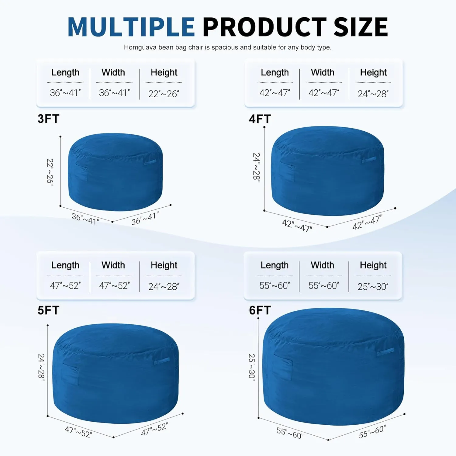 Homguava 6FT Bean Bag Chair Giant BeanBag with Memory Foam Filled, Large Bean Bag Chairs for Adults, Adult Bean Bag Chair with Dutch Velvet Cover for Living Room Bedroom-Blue