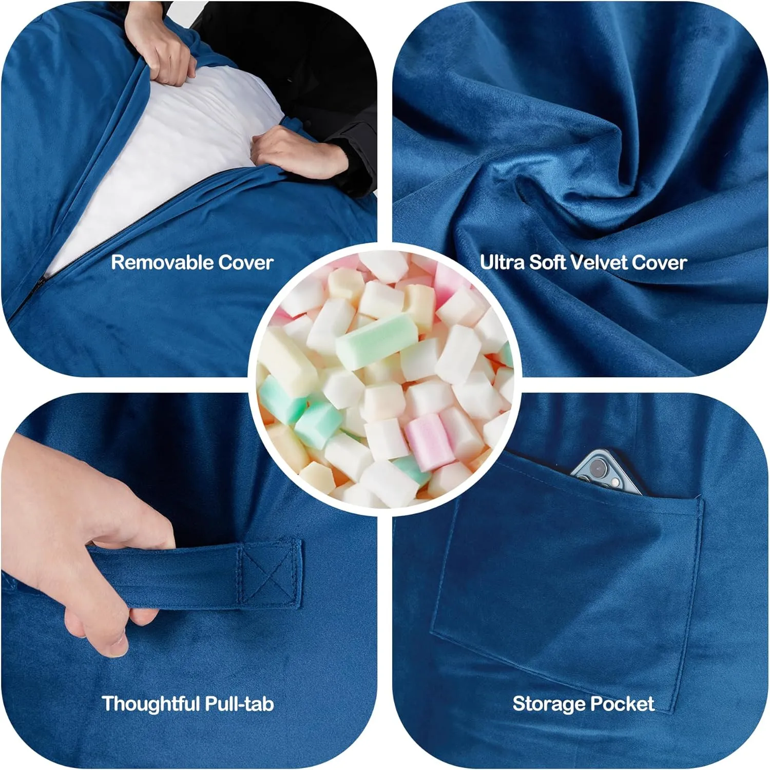 Homguava 6FT Bean Bag Chair Giant BeanBag with Memory Foam Filled, Large Bean Bag Chairs for Adults, Adult Bean Bag Chair with Dutch Velvet Cover for Living Room Bedroom-Blue