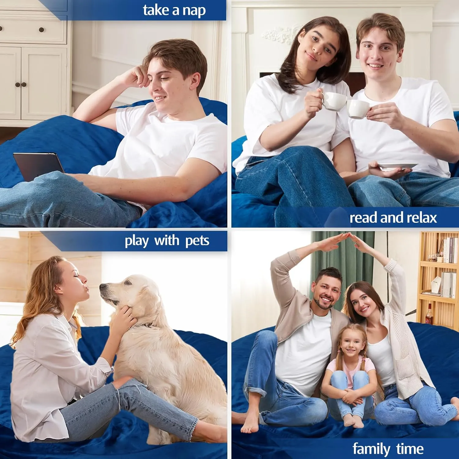 Homguava 6FT Bean Bag Chair Giant BeanBag with Memory Foam Filled, Large Bean Bag Chairs for Adults, Adult Bean Bag Chair with Dutch Velvet Cover for Living Room Bedroom-Blue