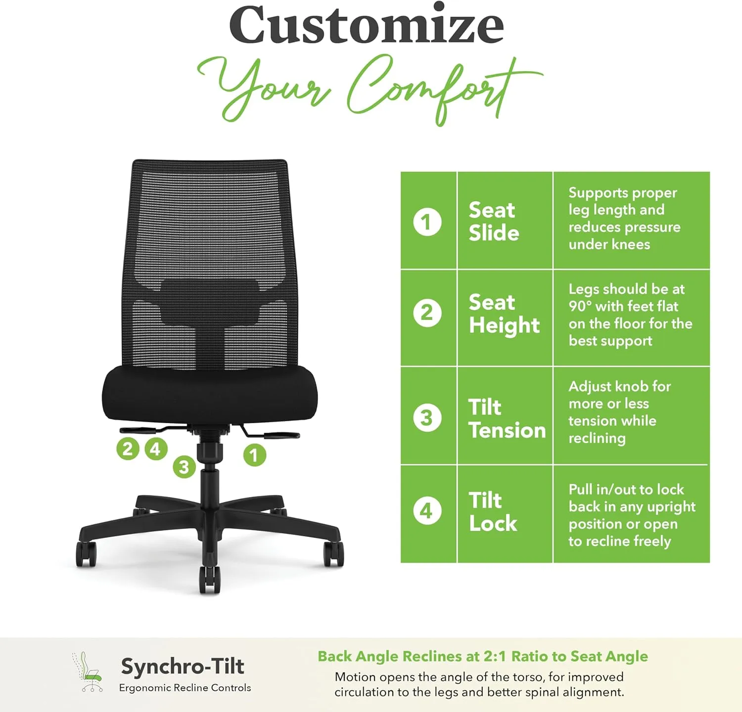HON Ignition 2.0 Armless Mesh Office Chair, Synchro-Tilt Recline Executive Ergonomic Office Chair Computer, Home, Gaming, Black