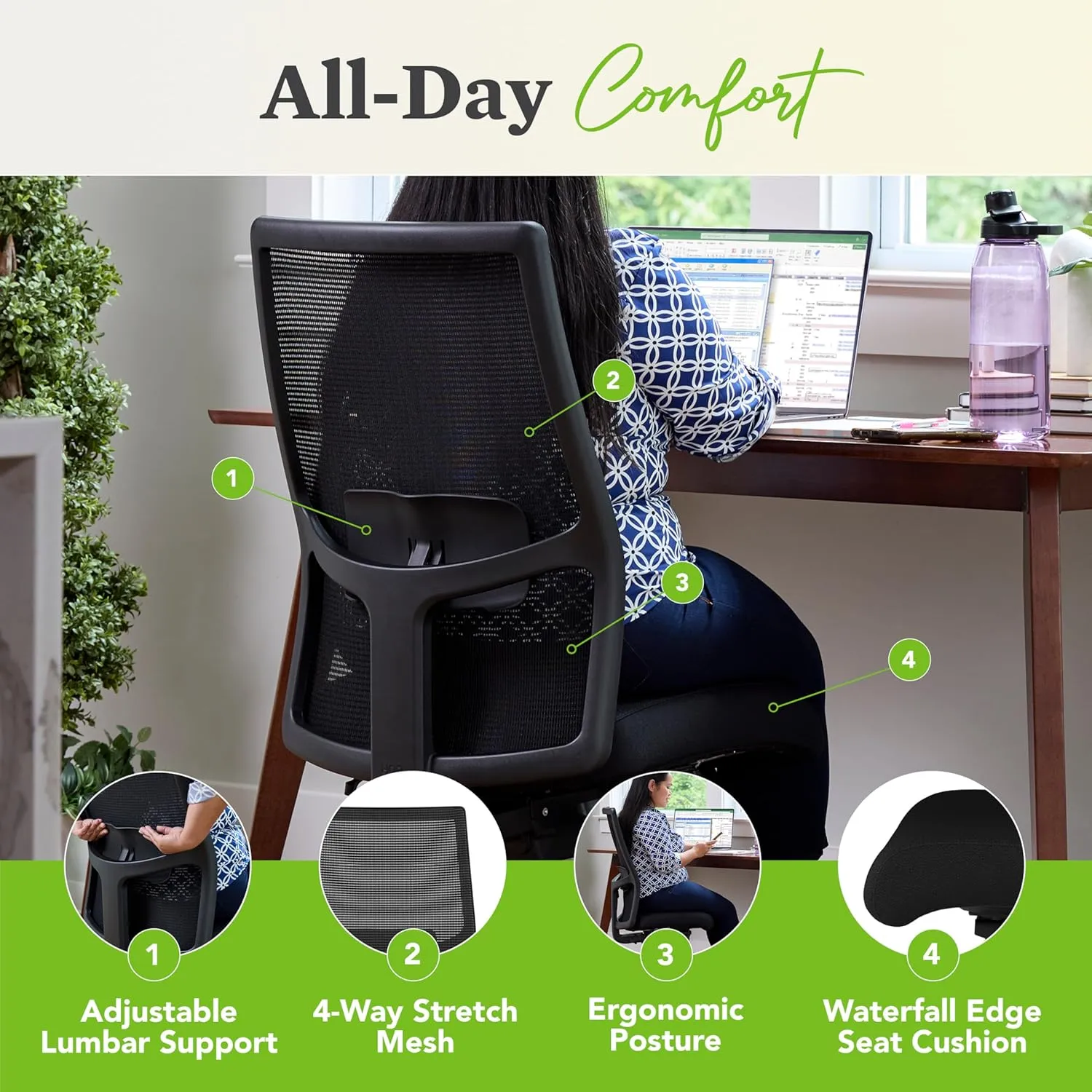 HON Ignition 2.0 Armless Mesh Office Chair, Synchro-Tilt Recline Executive Ergonomic Office Chair Computer, Home, Gaming, Black
