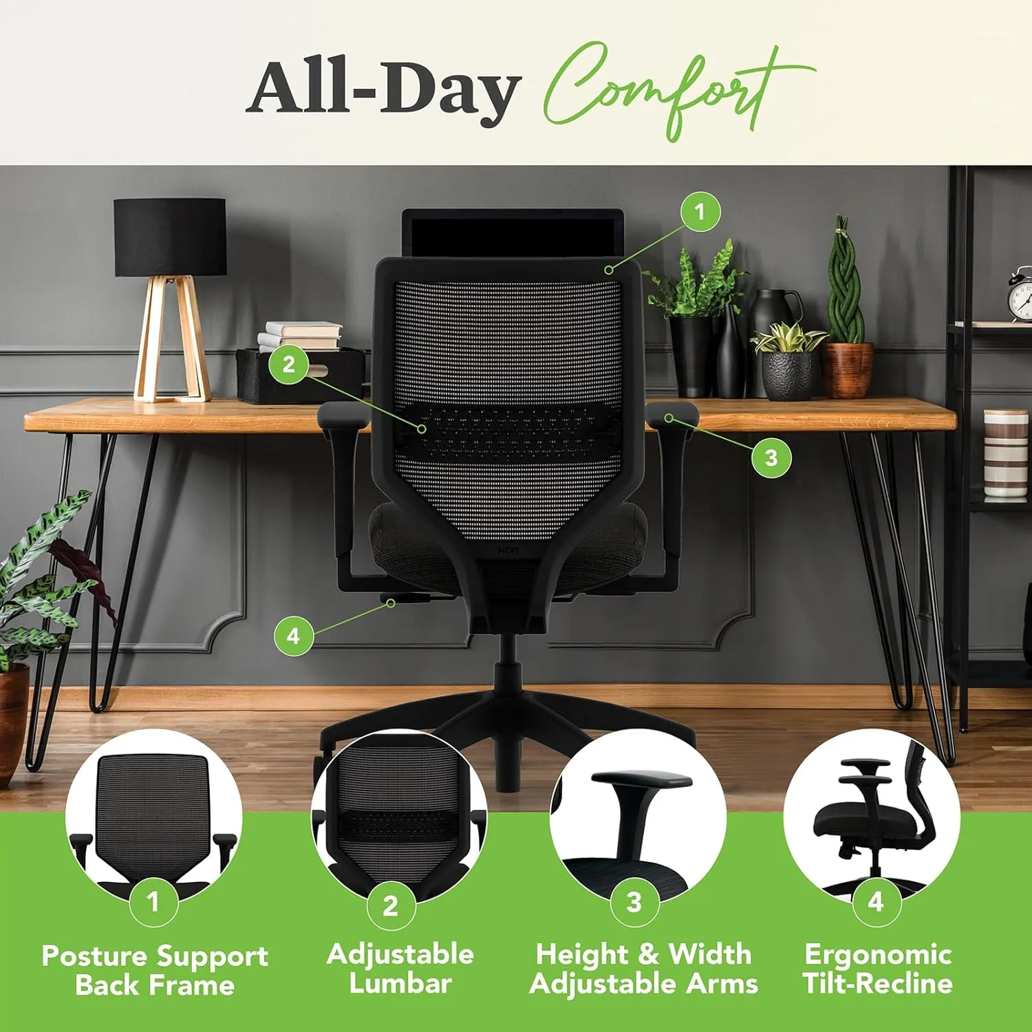 HON Solve Mesh Back Office Chair with Adjustable Arms, Adjustable Height, Tilt Tension, Lumbar Support, Swivels, on Rolling Wheels, Midnight