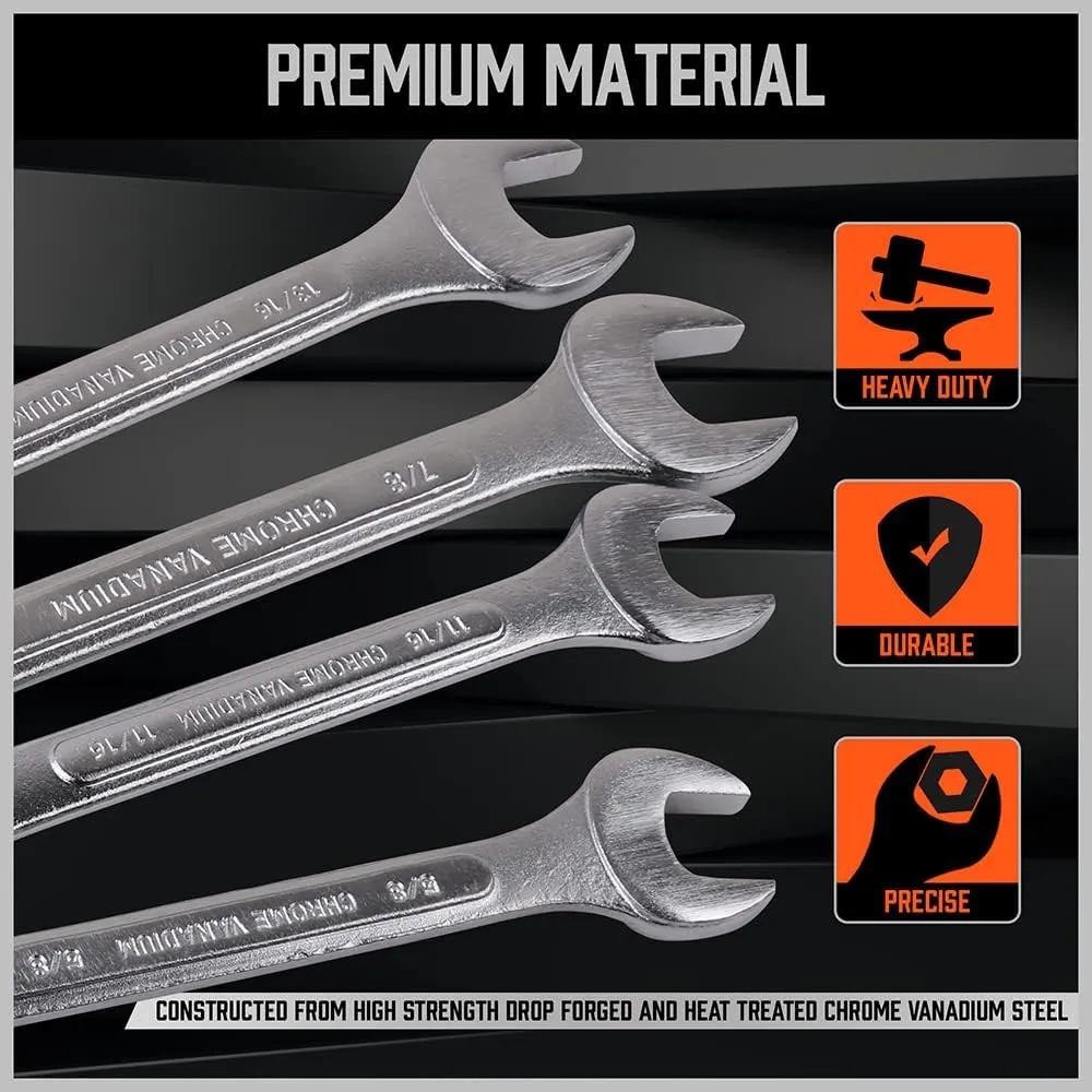 HORUSDY 26-Piece Durable Combination Wrench Set with Roll-up Pouch, Open End Wrench Set for General Household, Garage, Auto Repairs, SAE 1/4” - 1” and Metric 8mm - 24mm