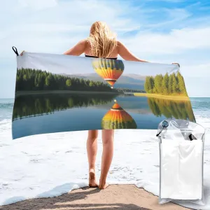 Hot Balloon Above The Calm Lake Printed Quick Dry Bath Towel Microfiber Towel with Travel Bag