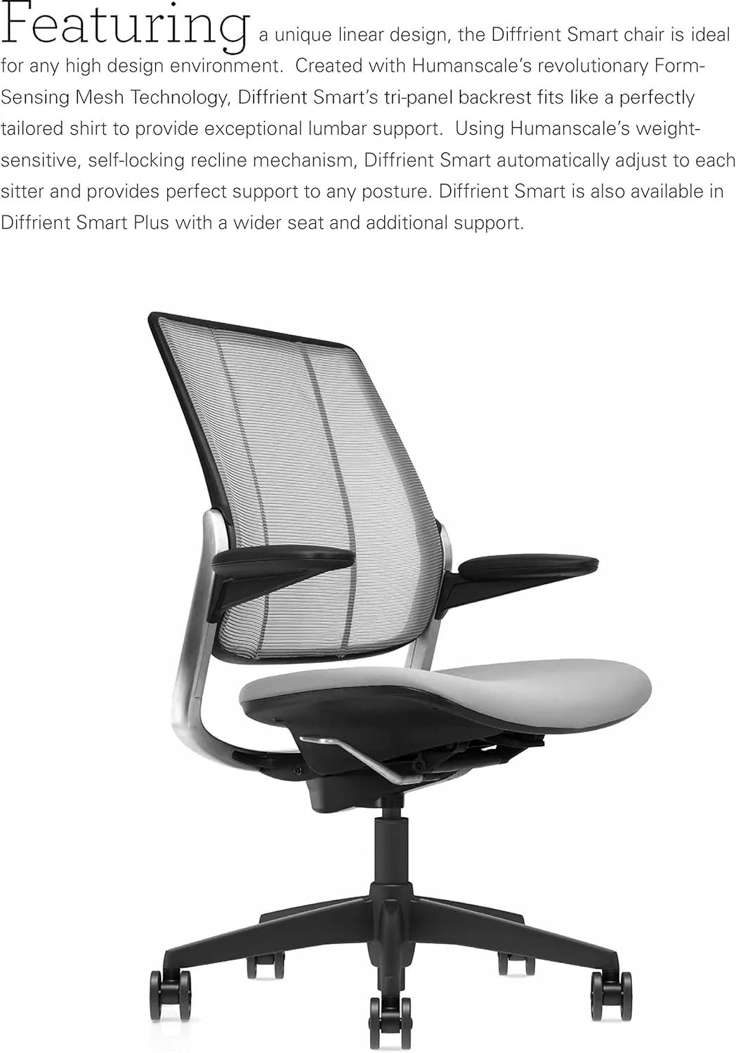 Humanscale Diffrient Smart Office Desk Chair - S413 Advanced Height Adjustable Duron Arms - Black Frame with Monofilament Stripe Black Mesh Back Azure Corde4 Fabric - Standard Carpet Casters